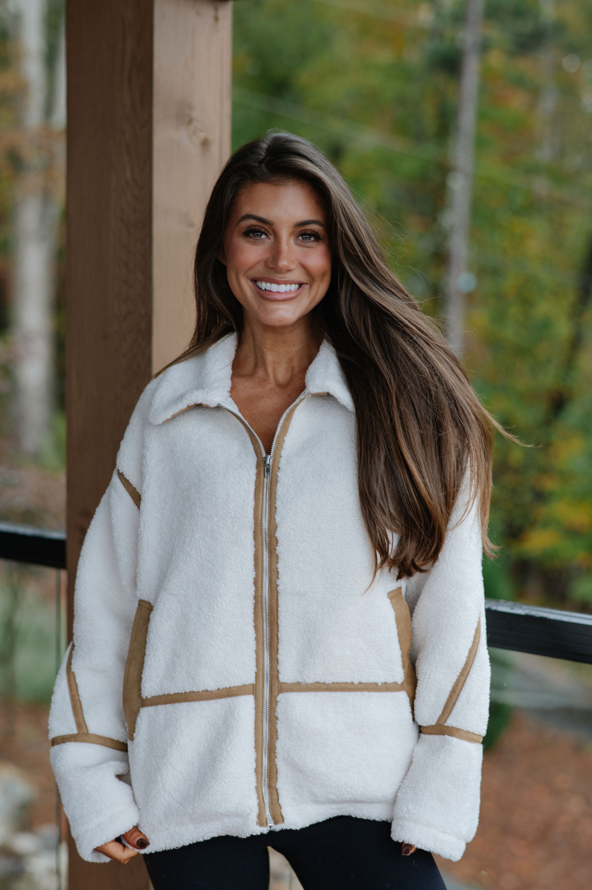 Lapel Collar Jacket -Ivory/Light Brown