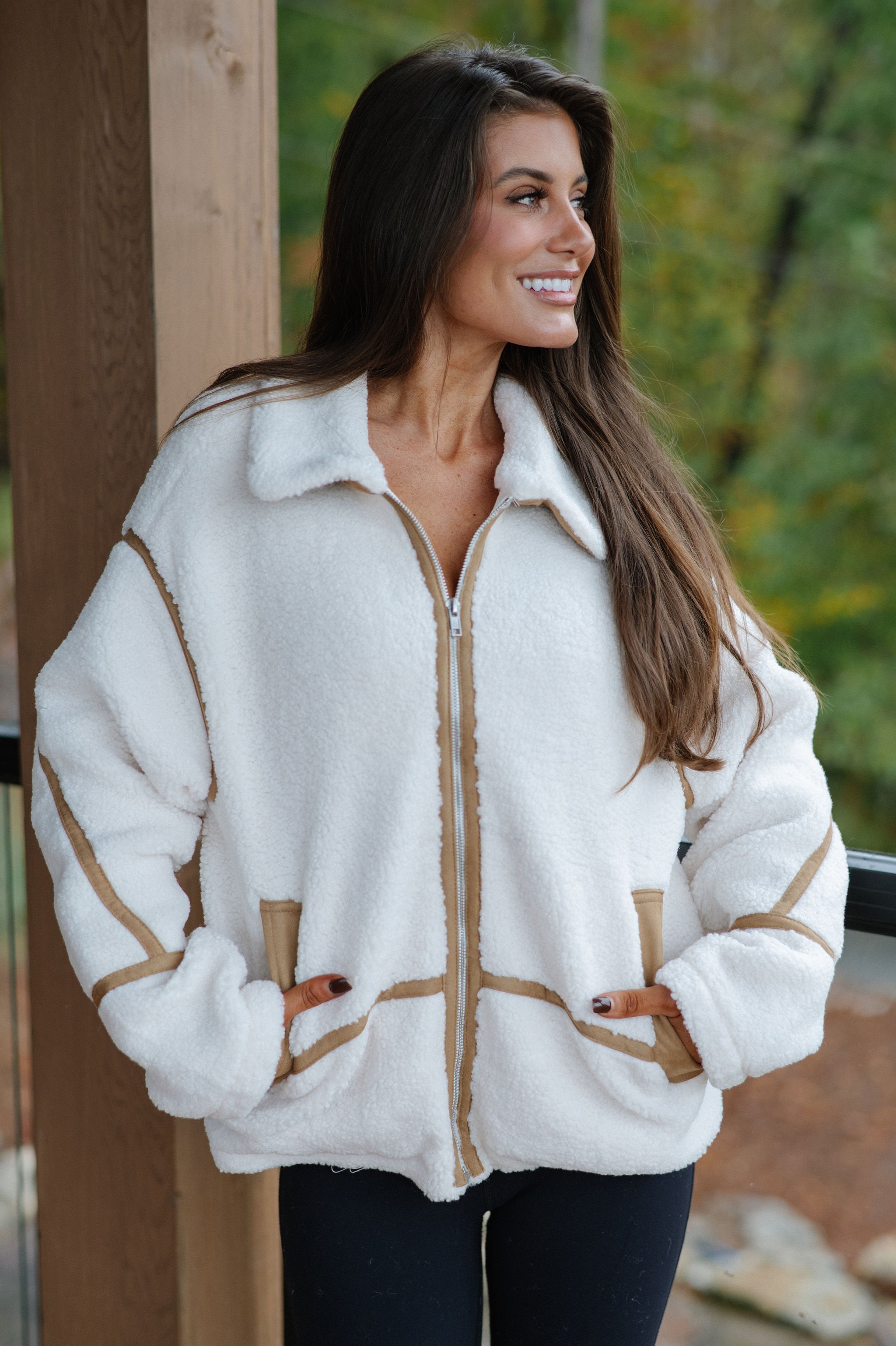 Lapel Collar Jacket -Ivory/Light Brown