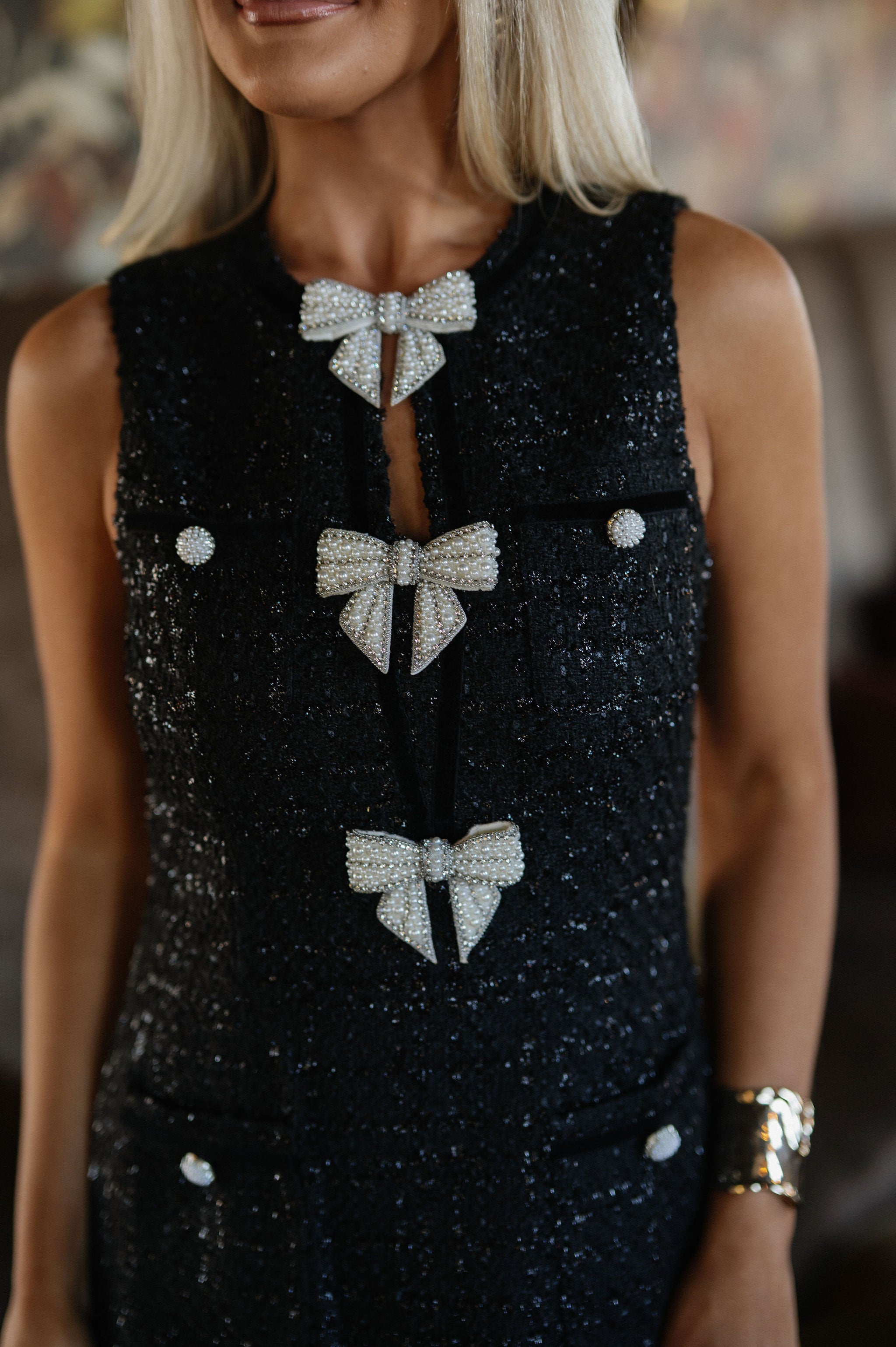 Tweed Bow Accent Dress-Black