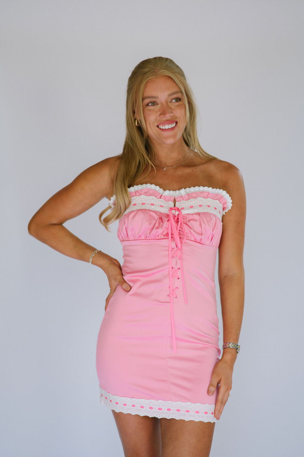 Fallon Lace Trim Dress-Pink