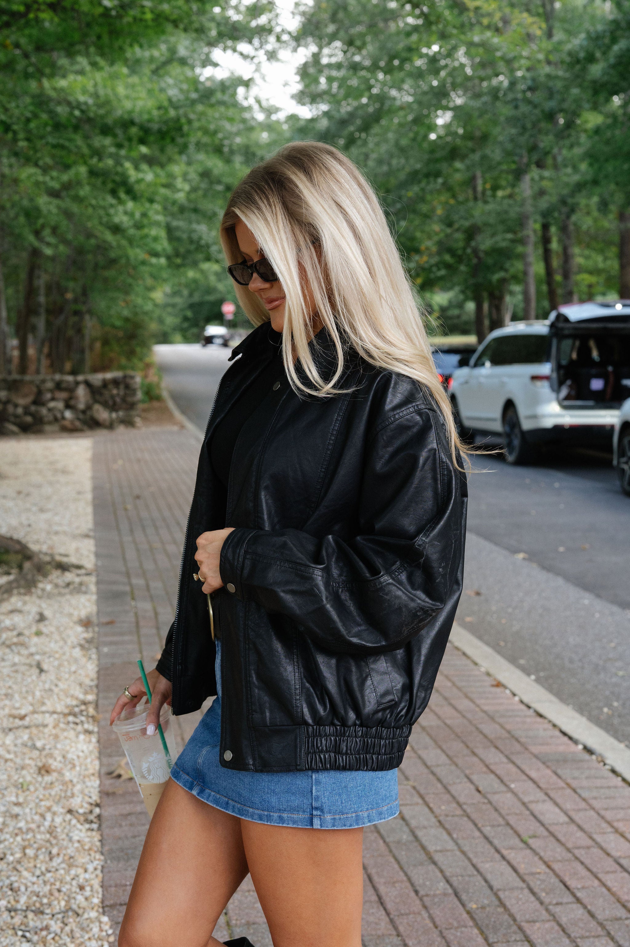Oversized Faux Leather Biker Jacket-Black
