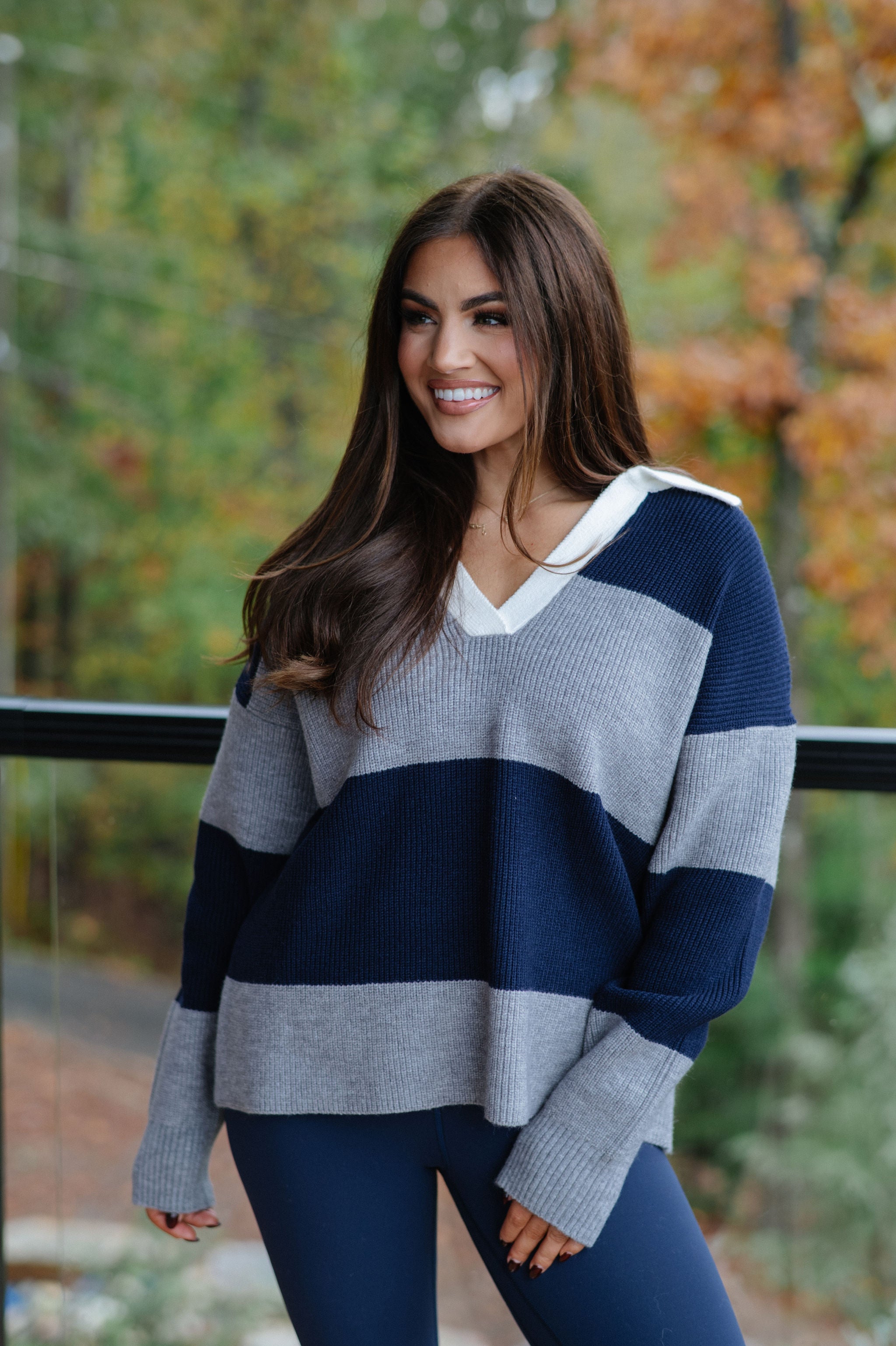 Kinsley Relaxed Polo Sweater-Navy/Grey