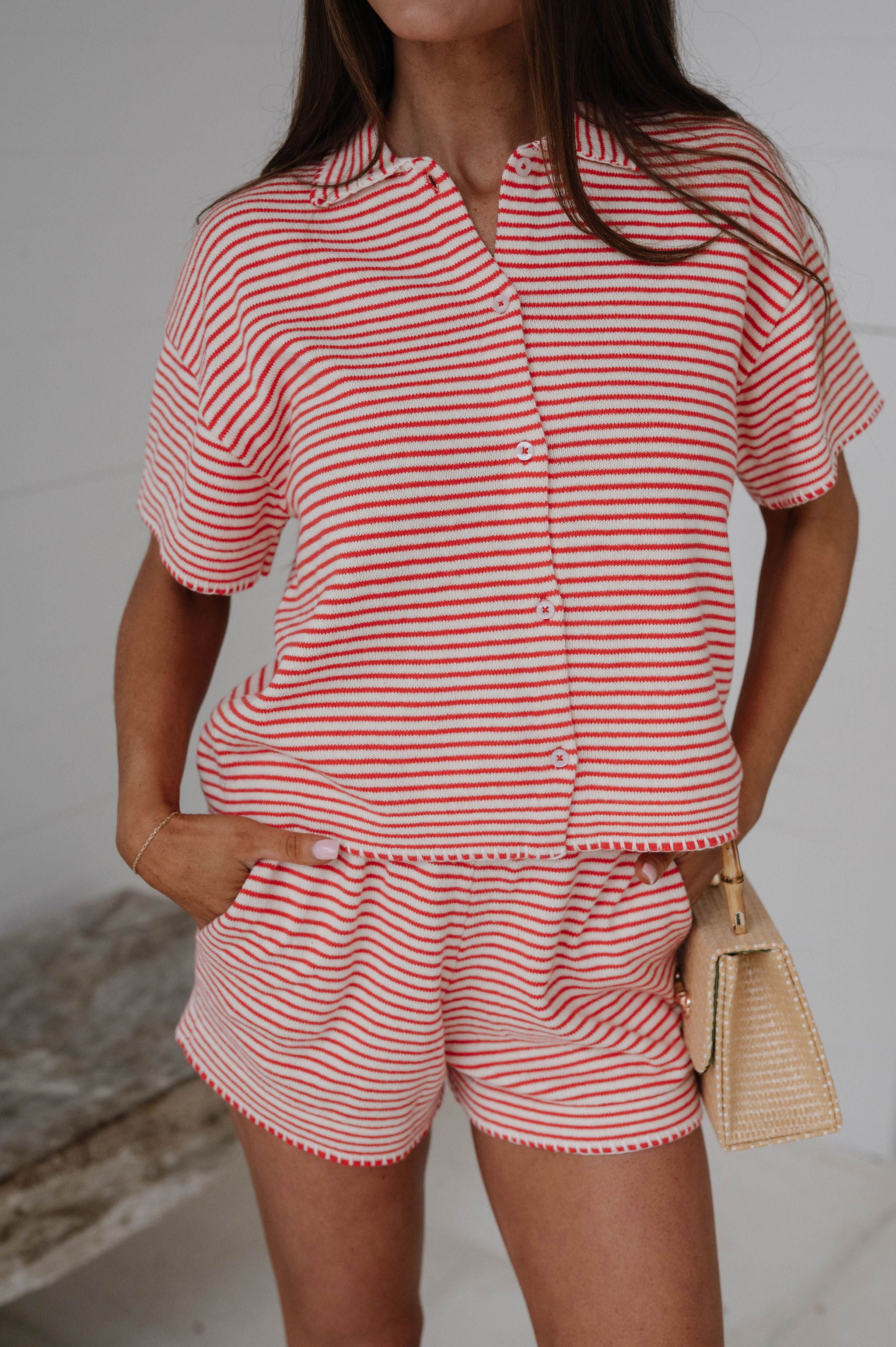 Miah Stripe Knit Shorts Set-Ecru/Red