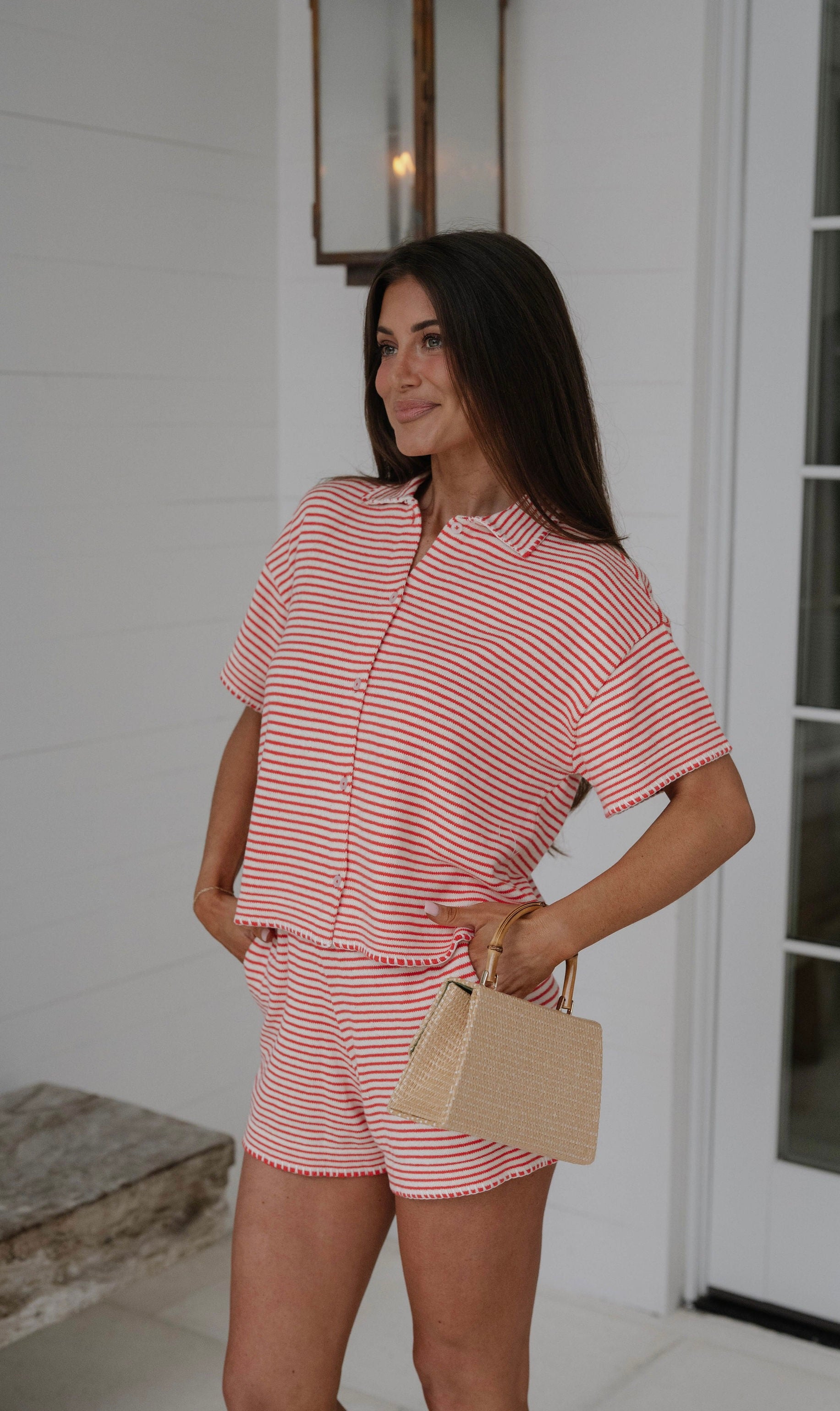 Miah Stripe Knit Shorts Set-Ecru/Red
