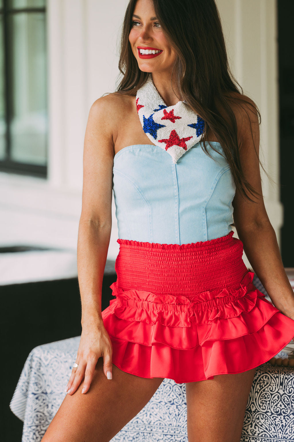 Smocked Ruffle Mini Skort- Red