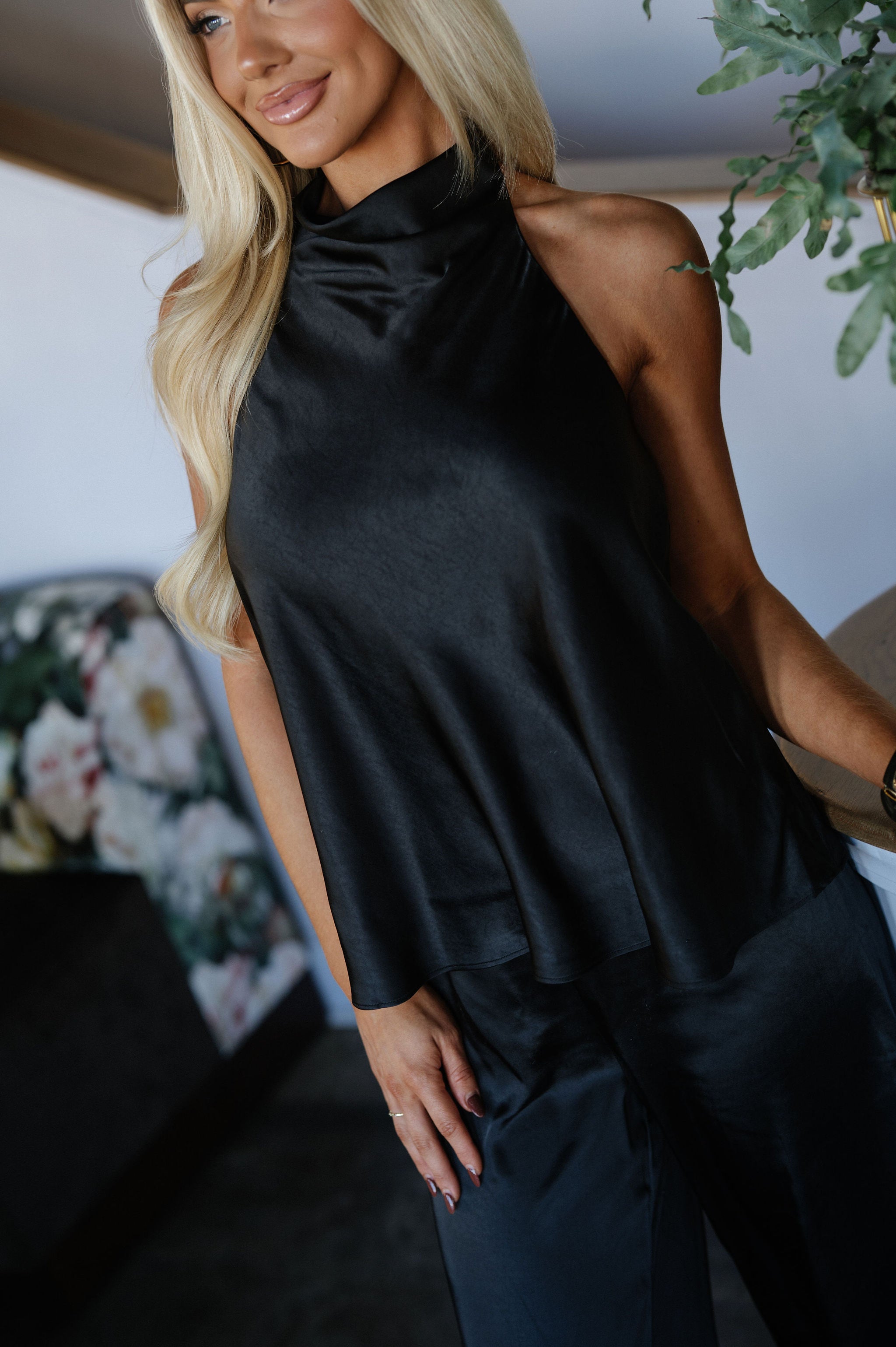 Satin Halter Neck Top-Black