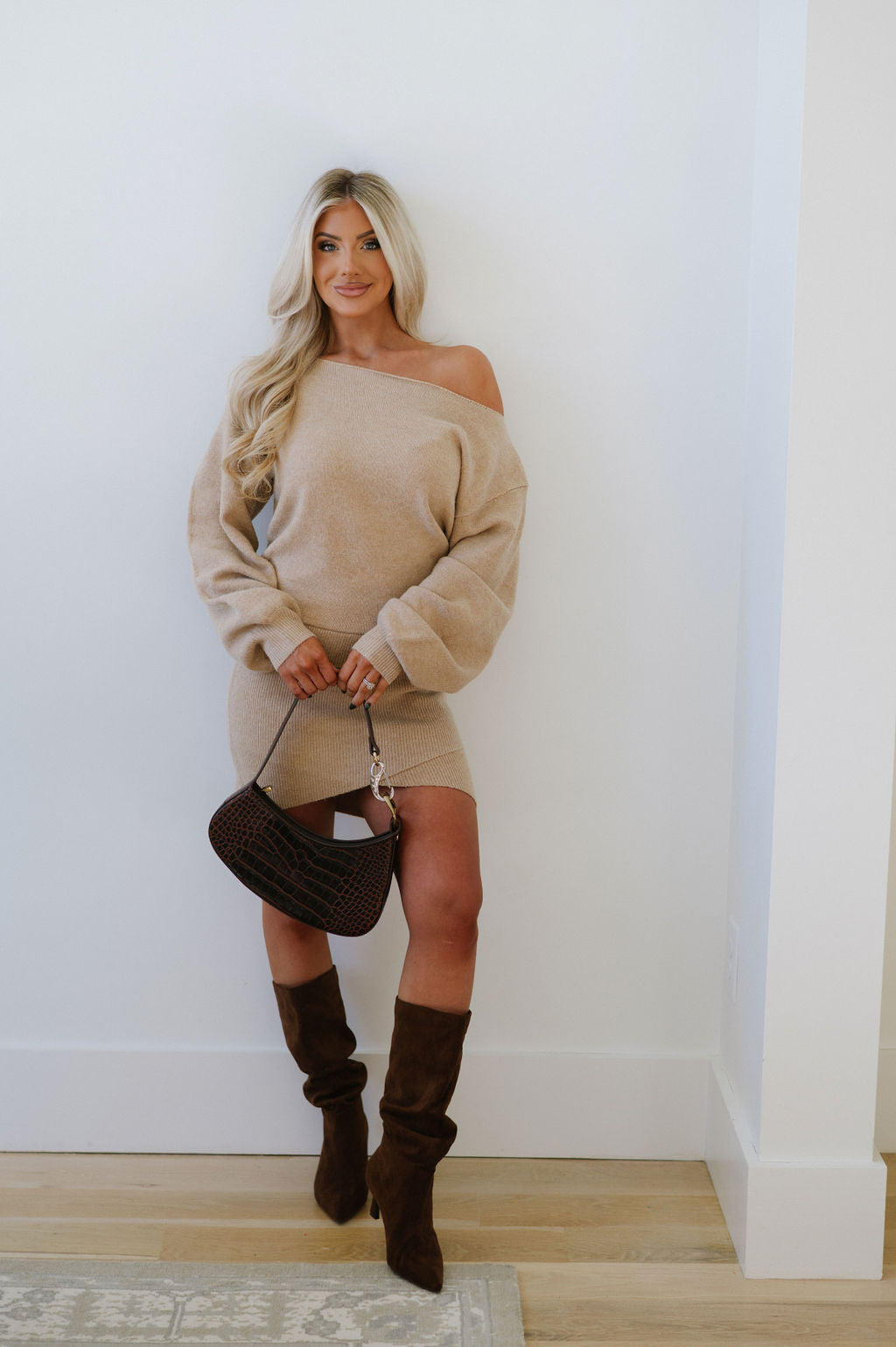 Boat Neck Sweater Dress-Tan