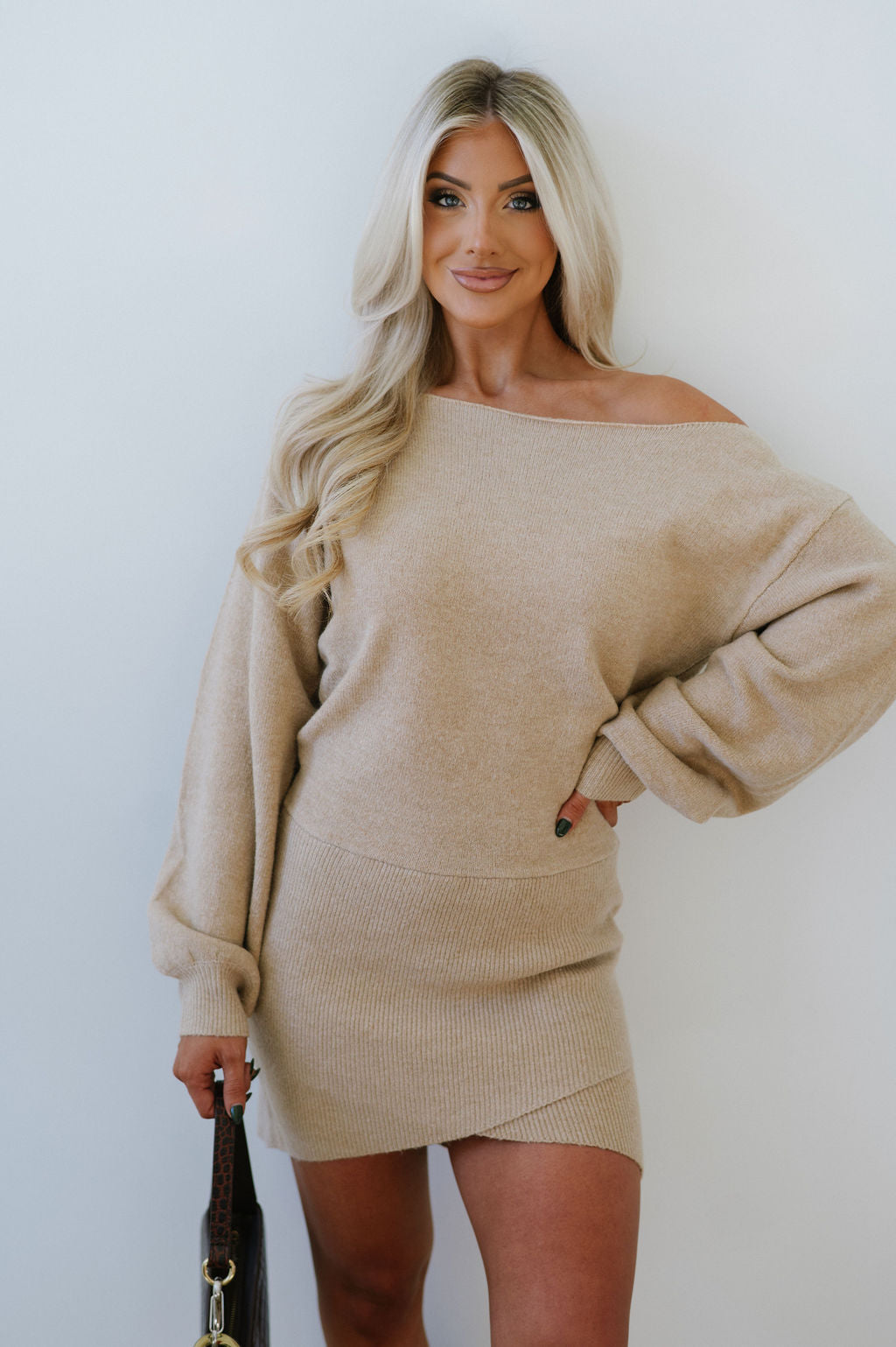 Boat Neck Sweater Dress-Tan