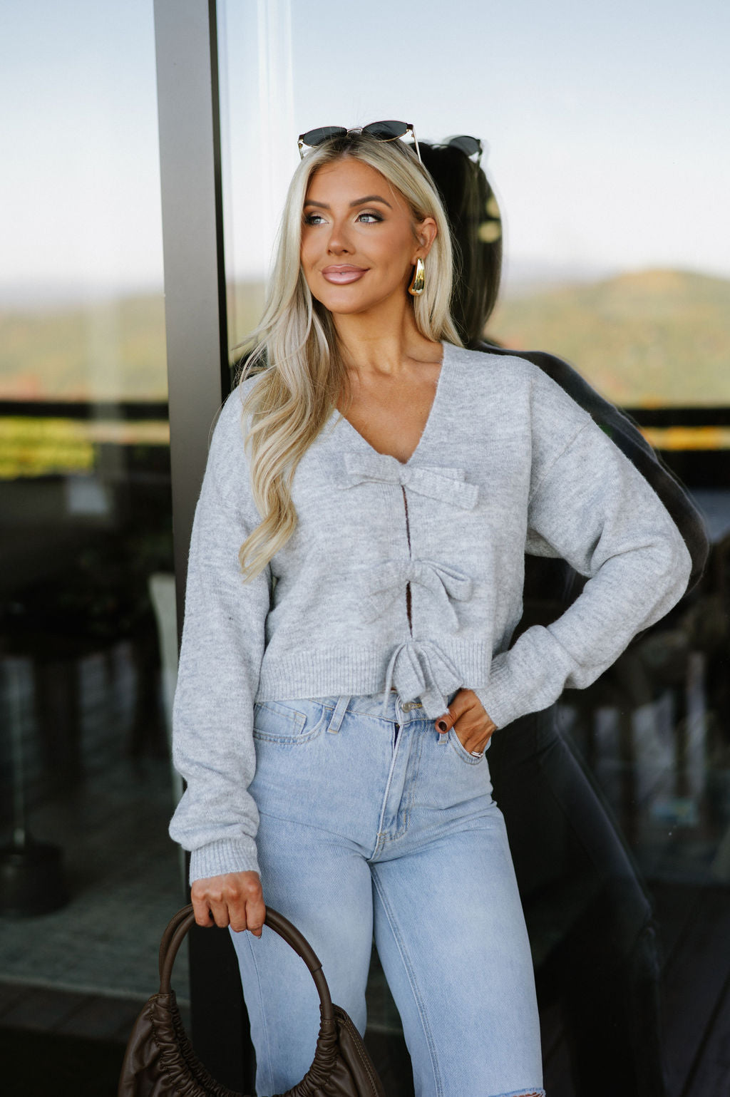 Ribbon Knit Sweater Top-Heather Grey