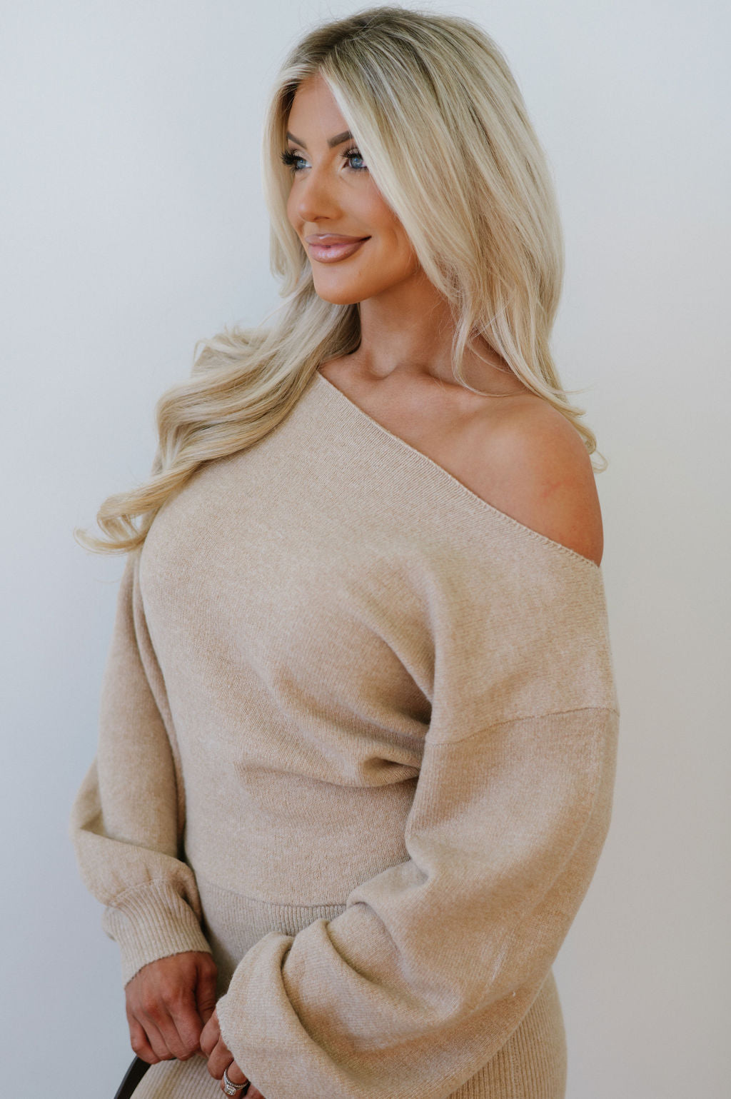 Boat Neck Sweater Dress-Tan