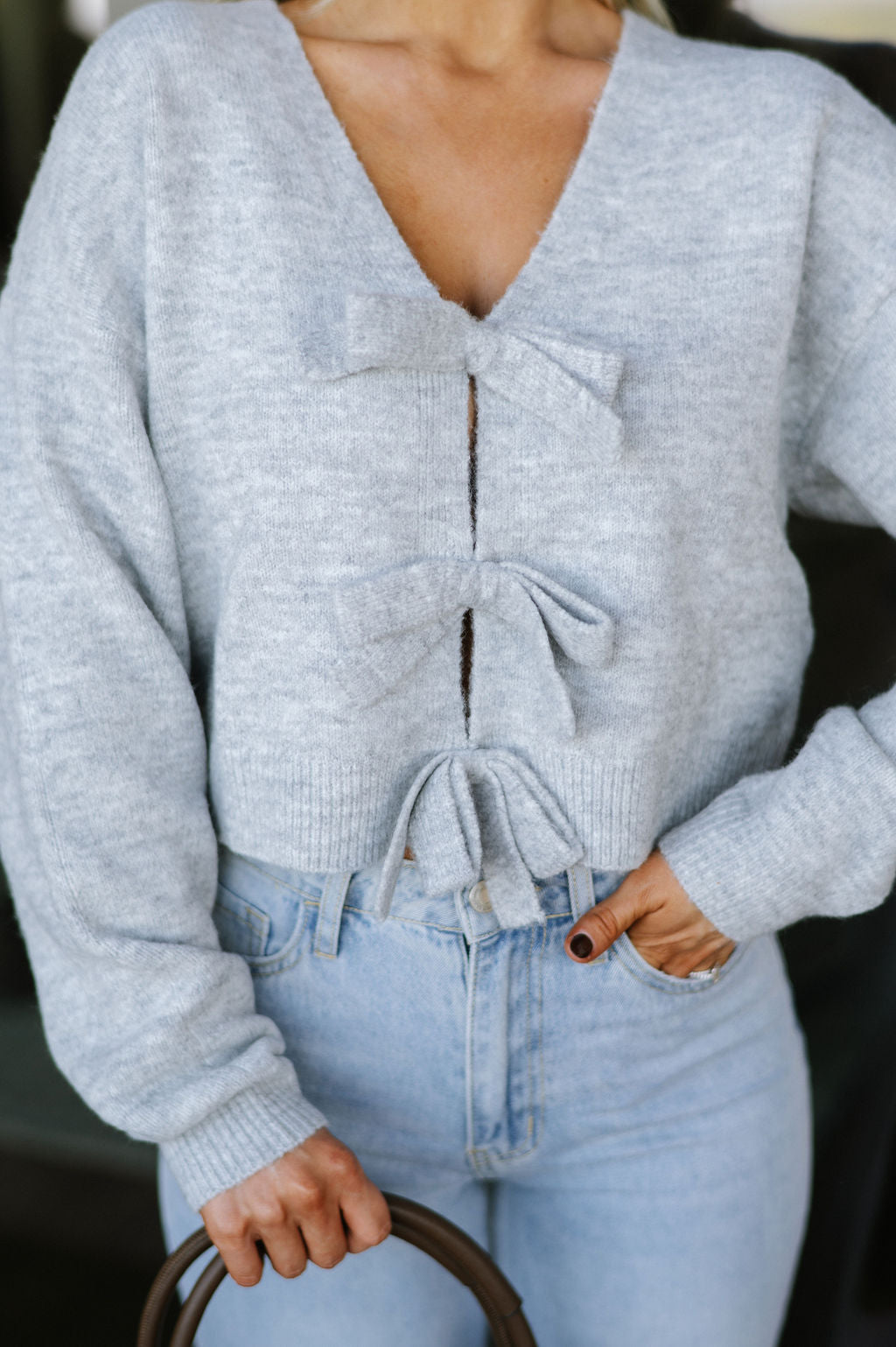 Ribbon Knit Sweater Top-Heather Grey