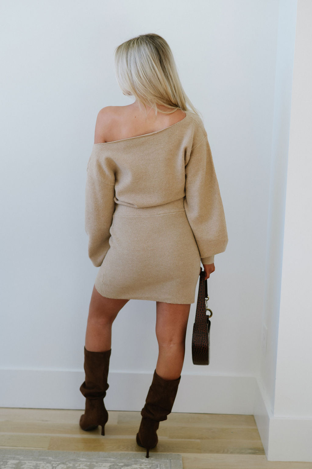 Boat Neck Sweater Dress-Tan