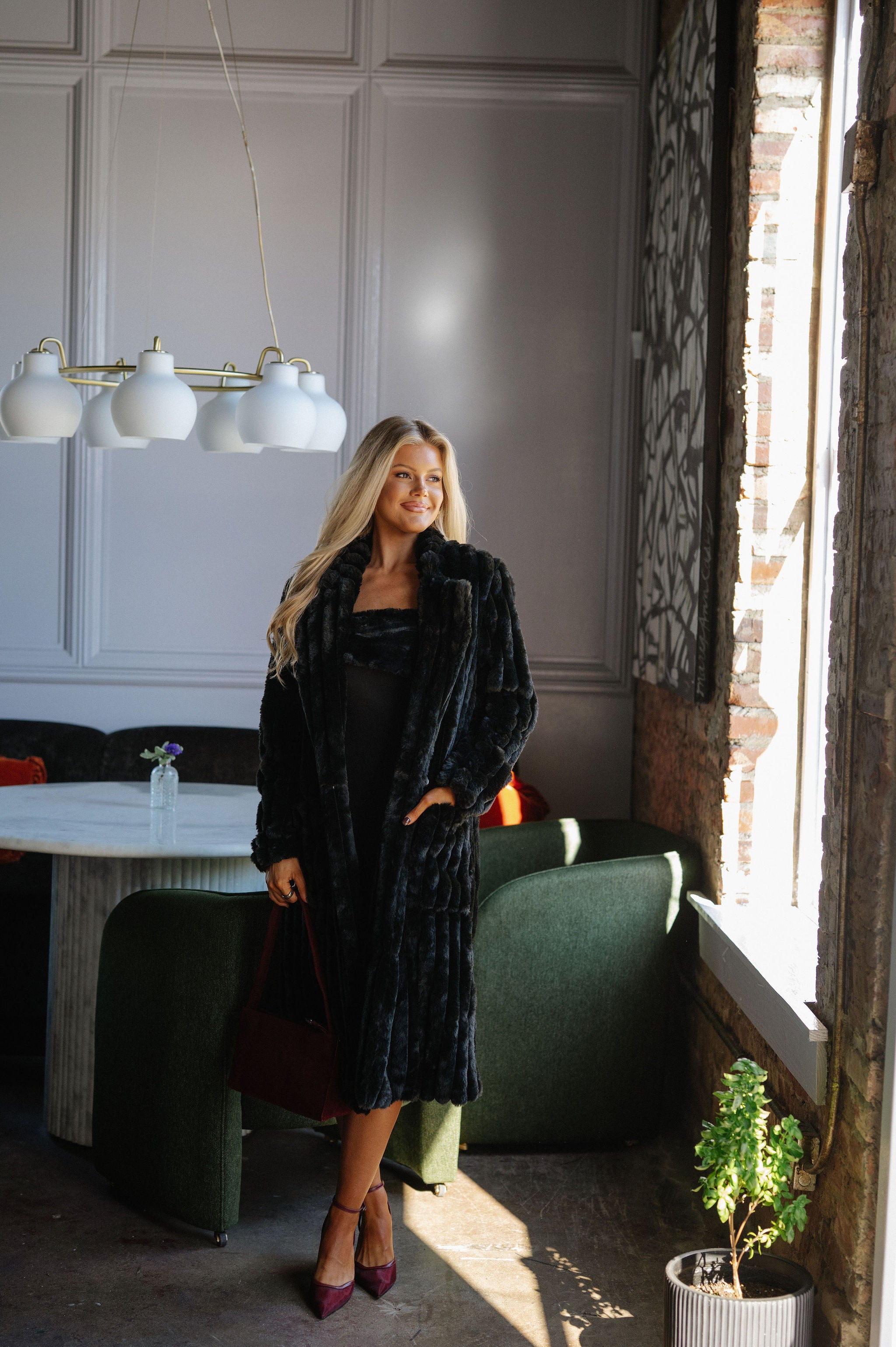 Devin Faux Fur Long Coat-Black