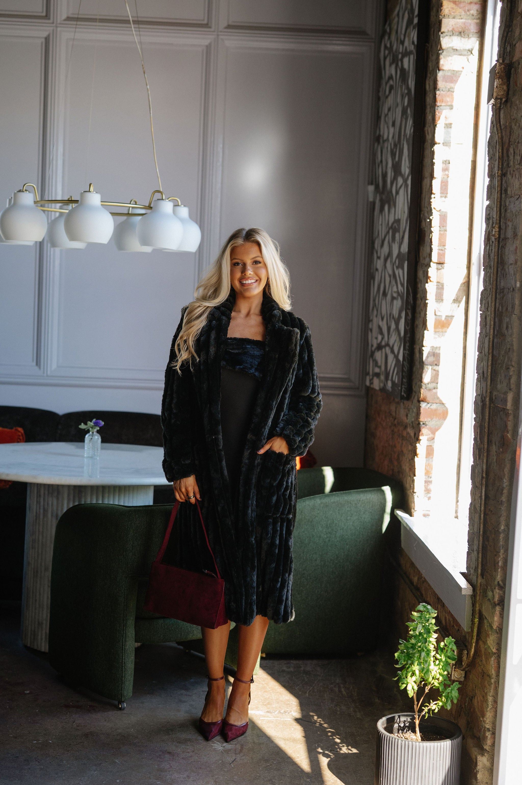 Devin Faux Fur Long Coat-Black