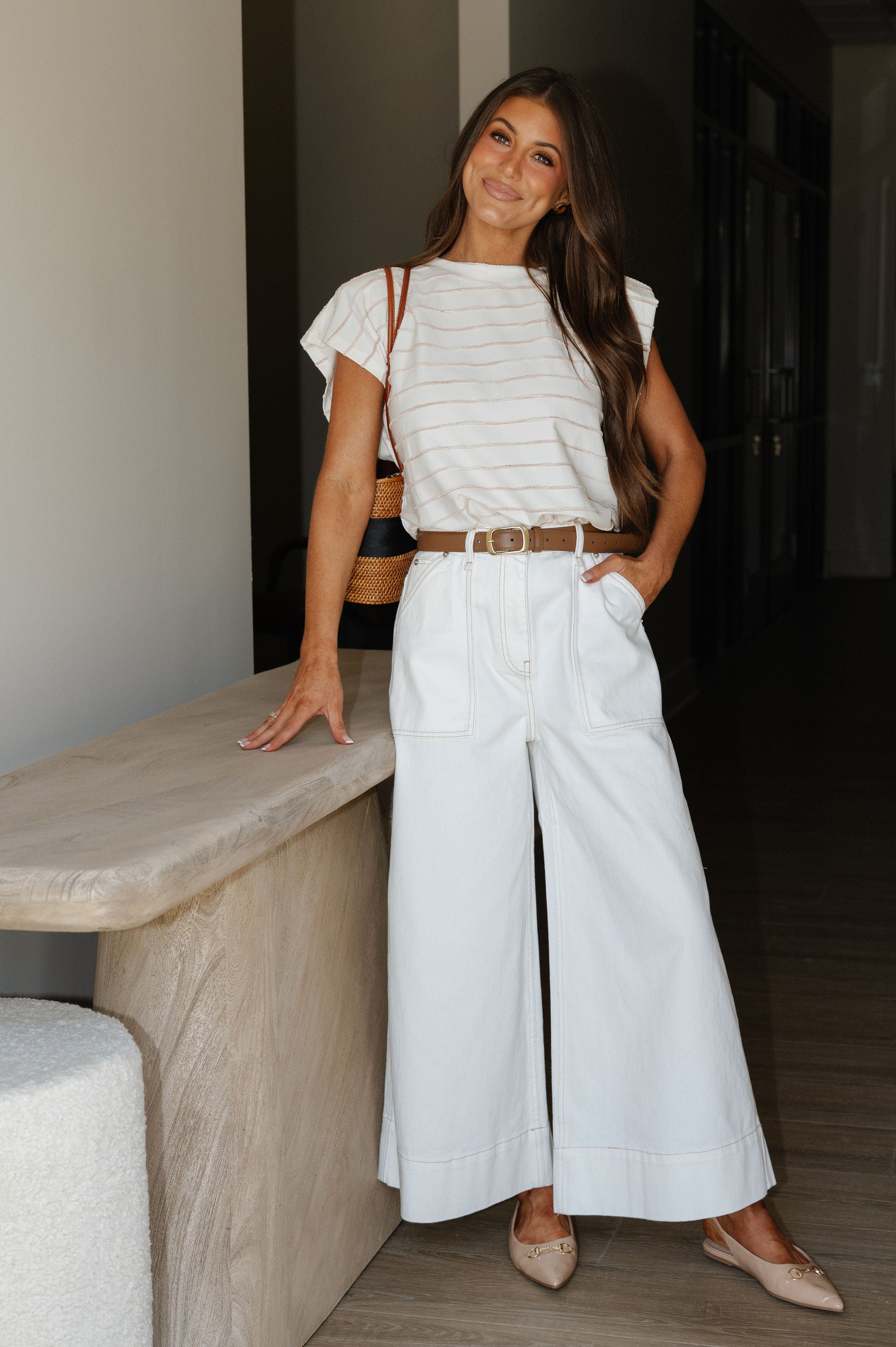 Stitch Detail Wide Leg Pant-Ecru