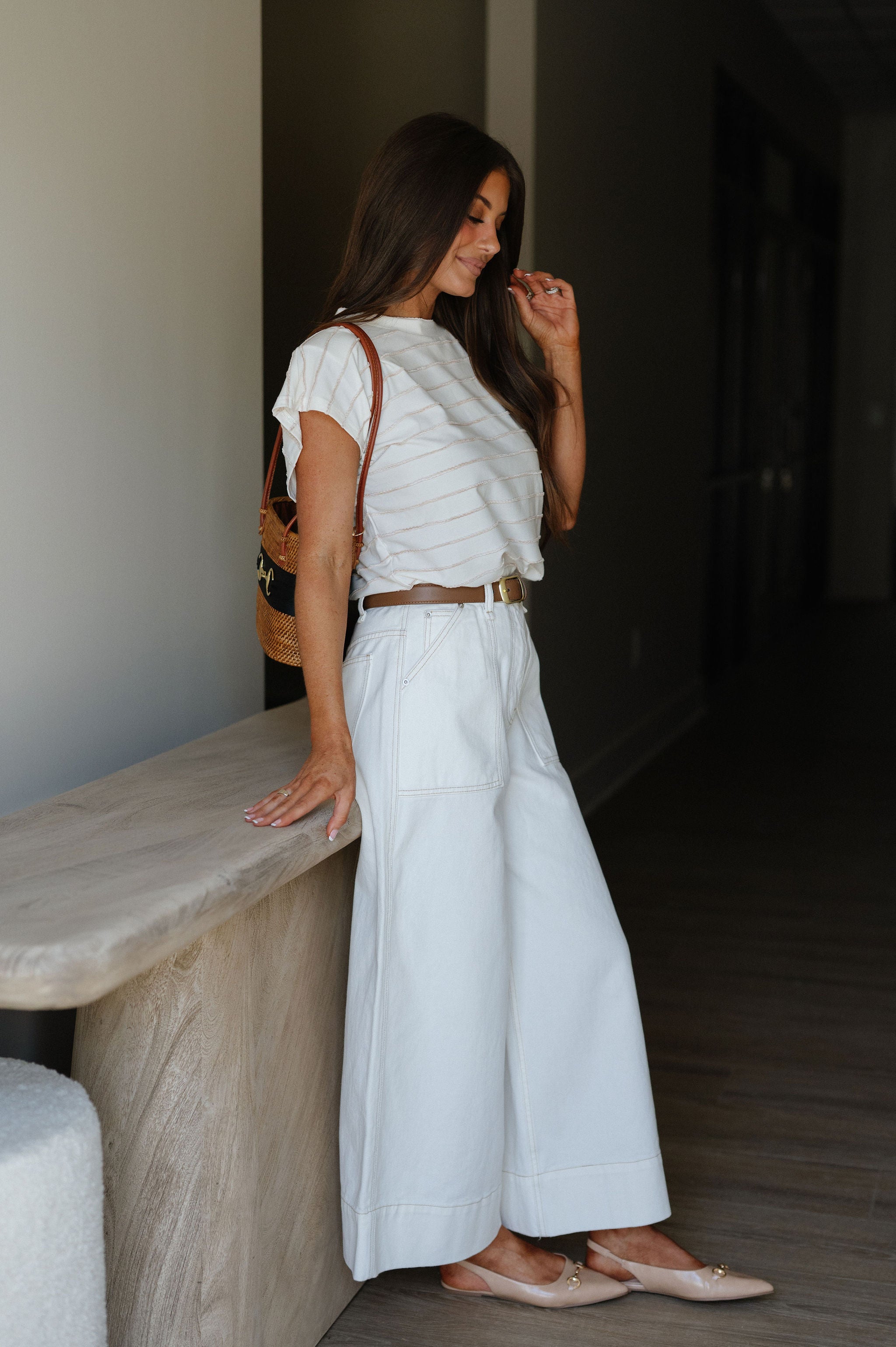 Stitch Detail Wide Leg Pant-Ecru