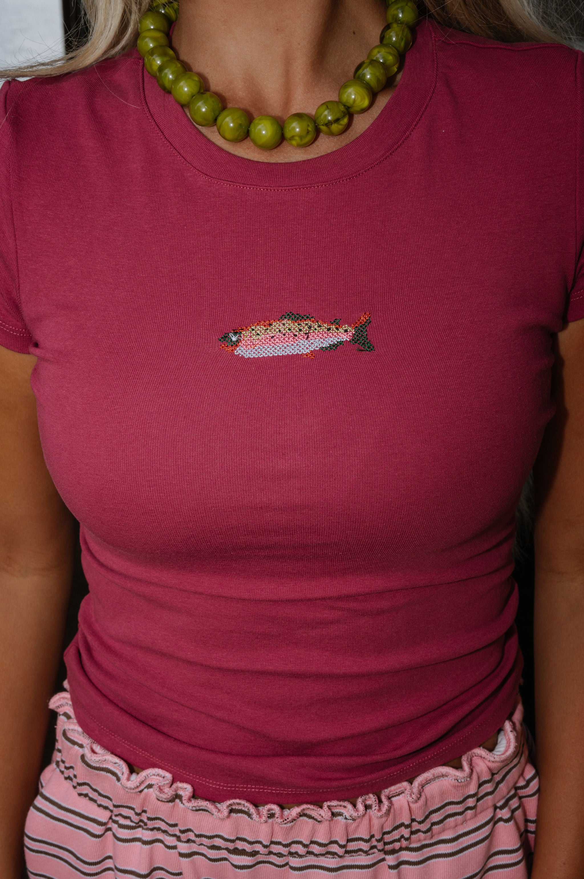 Fish Embroidered Baby Tee-Dark Raspberry