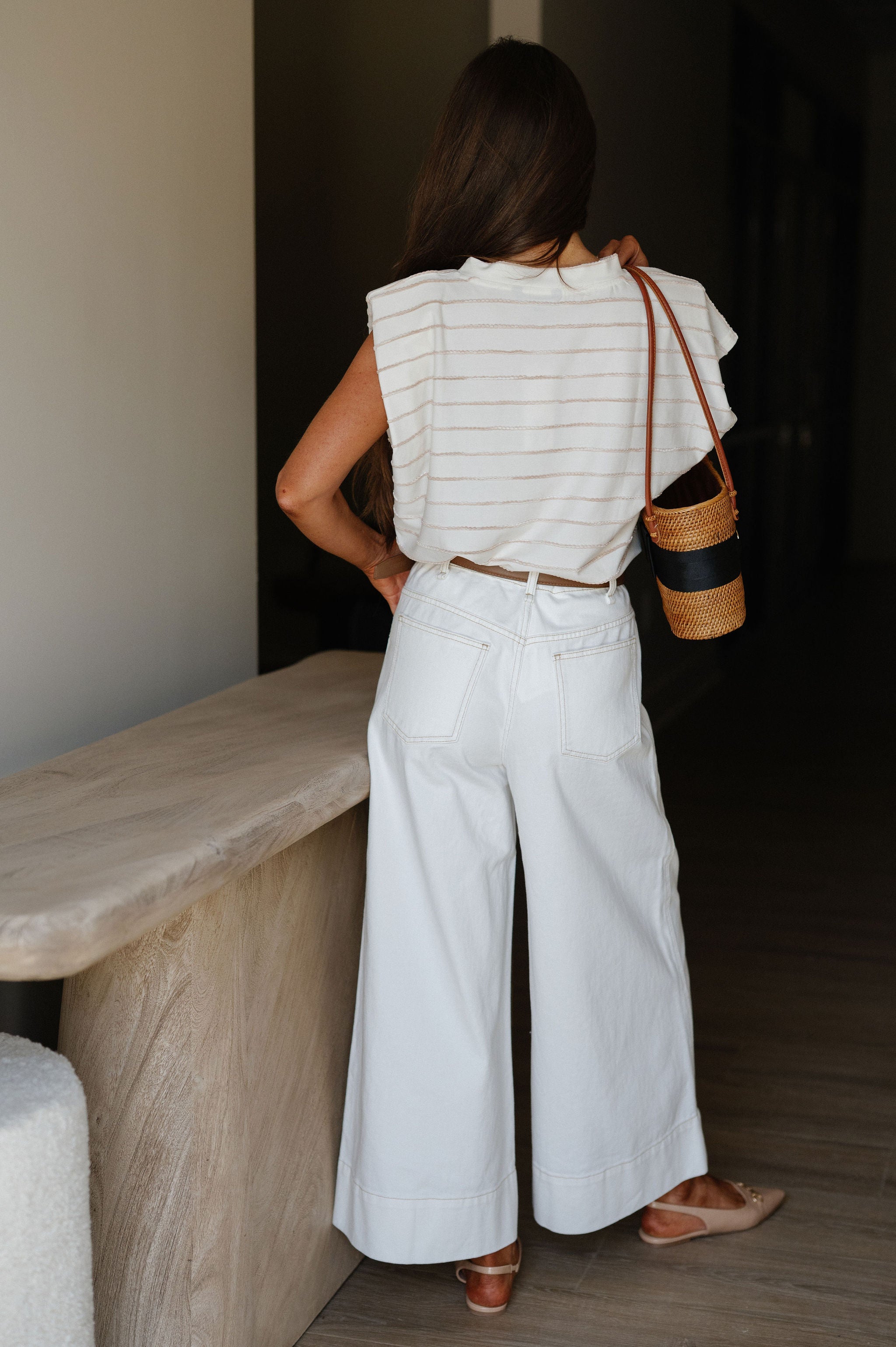 Stitch Detail Wide Leg Pant-Ecru