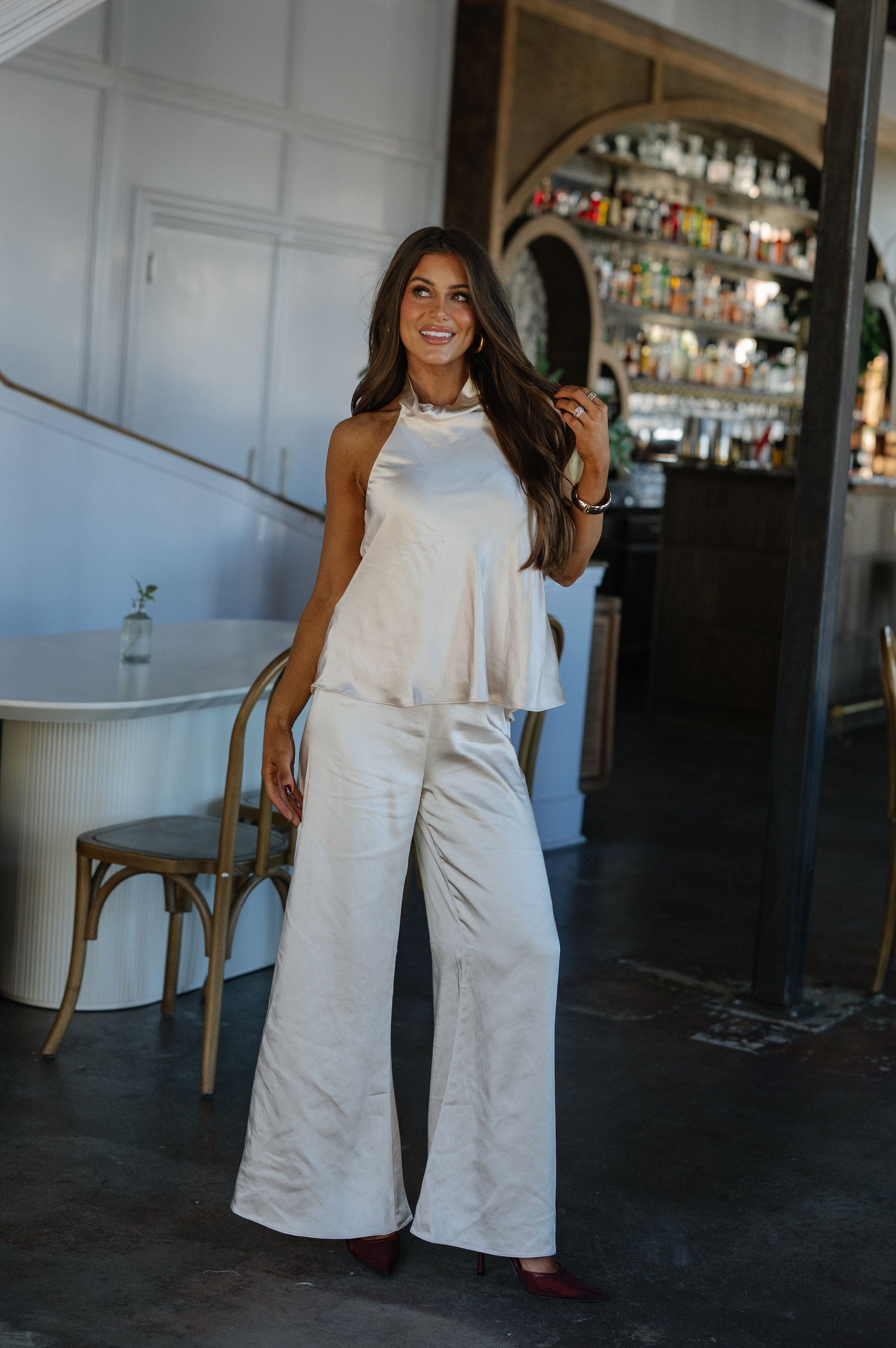 Satin Halter Neck Top-Champagne