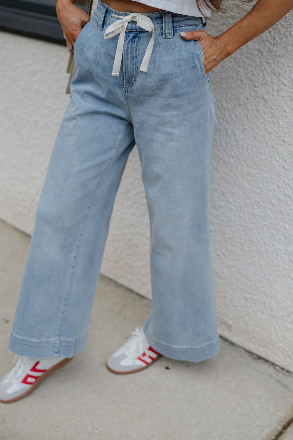 Washed Front Tie Pants-Denim