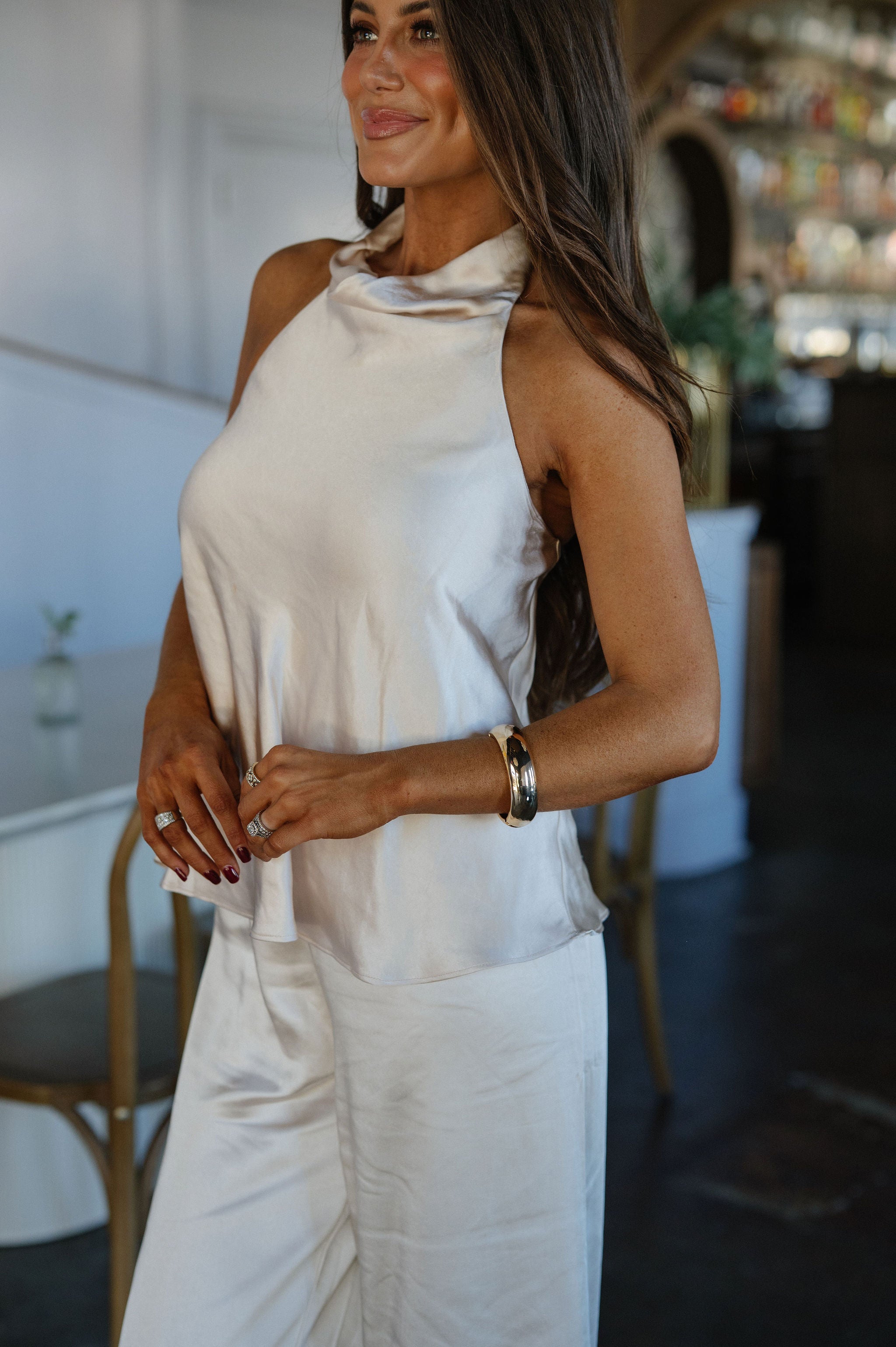 Satin Halter Neck Top-Champagne