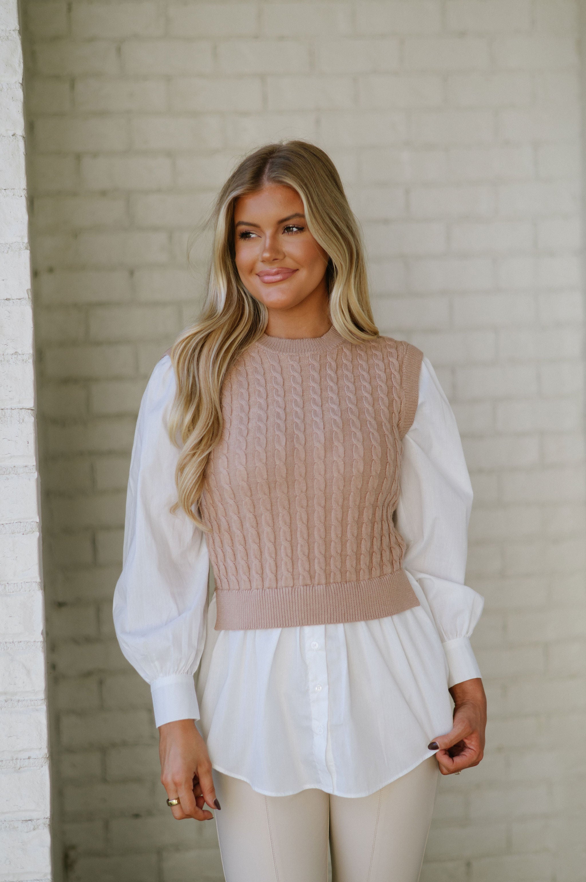 Zara Cable Knit Top-Taupe/Off White