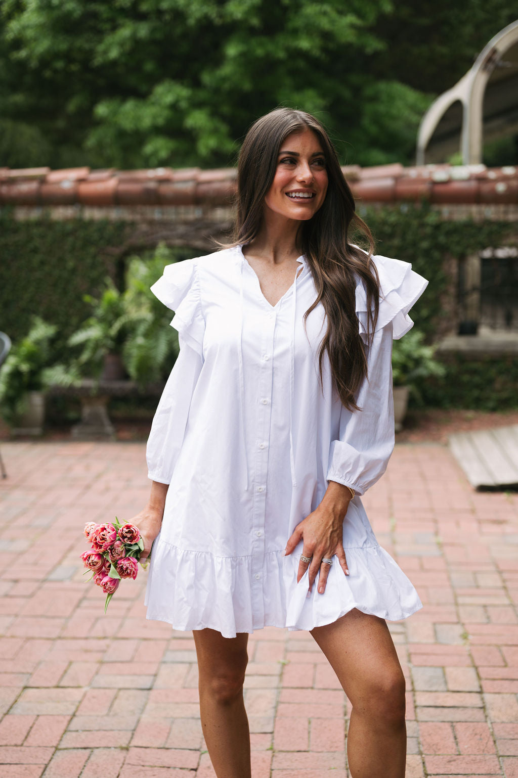 Delilah Flutter Sleeve Dress- White