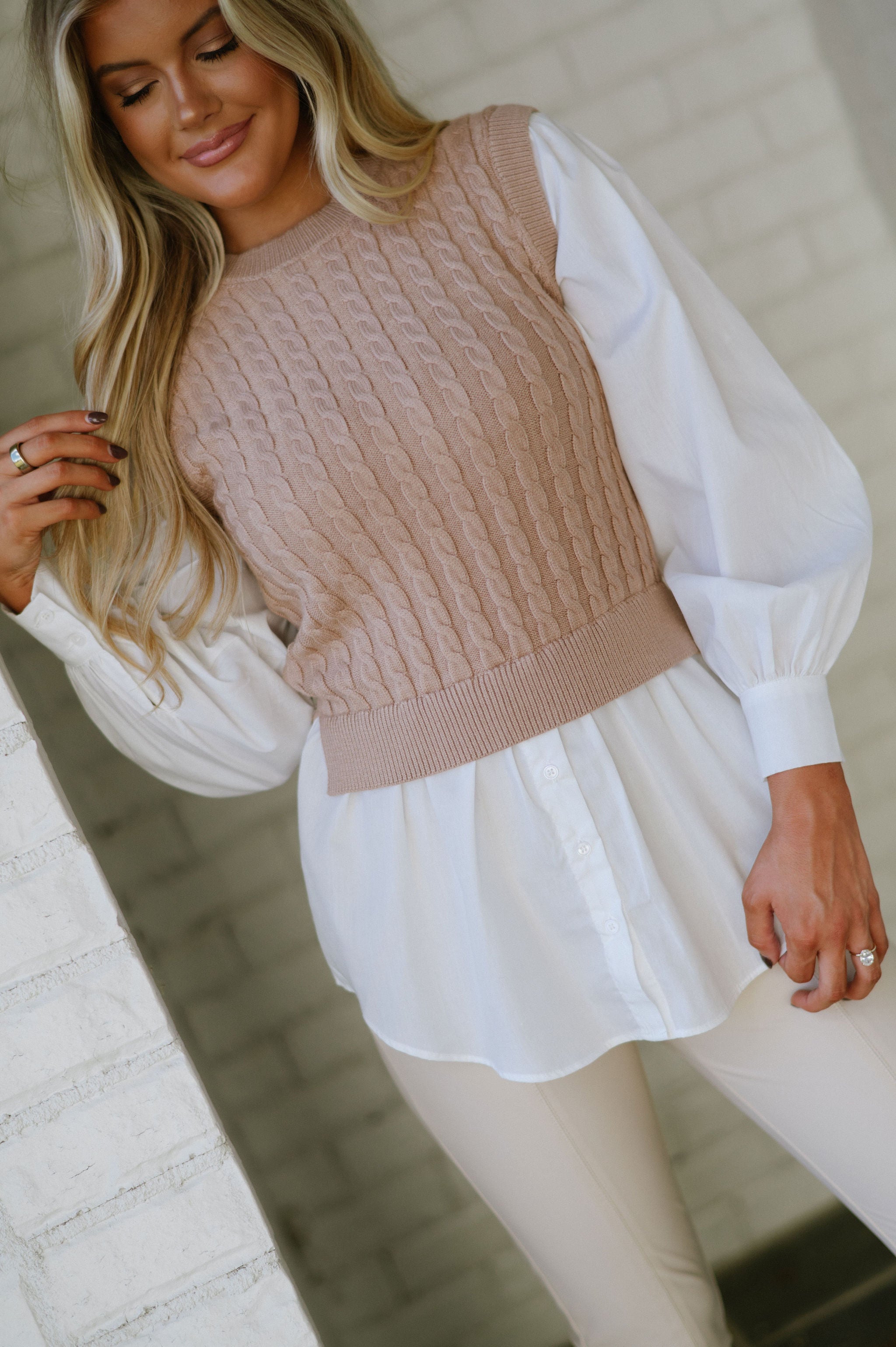 Zara Cable Knit Top-Taupe/Off White