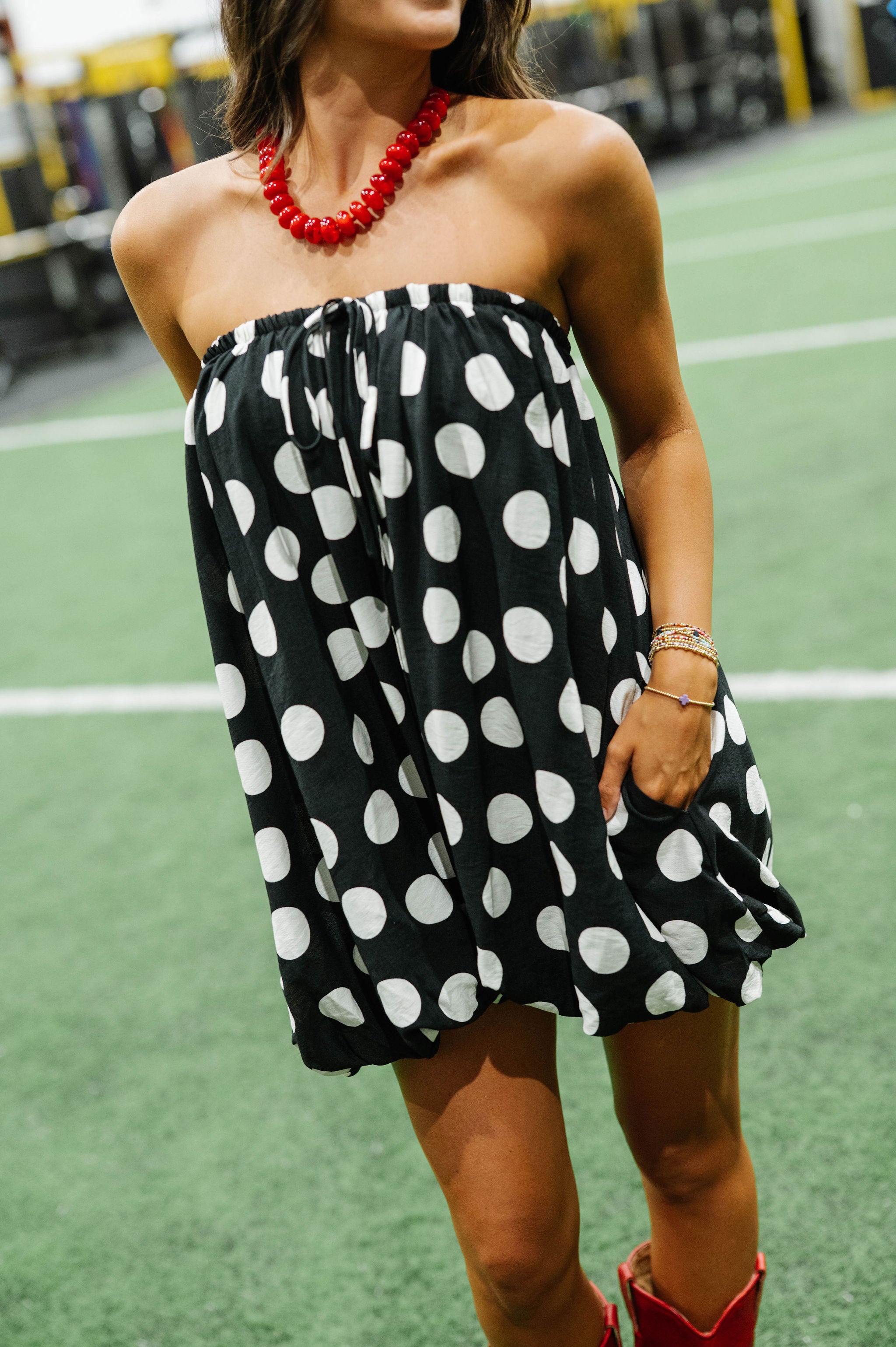 Polka Dot Strapless Bubble Romper-Black