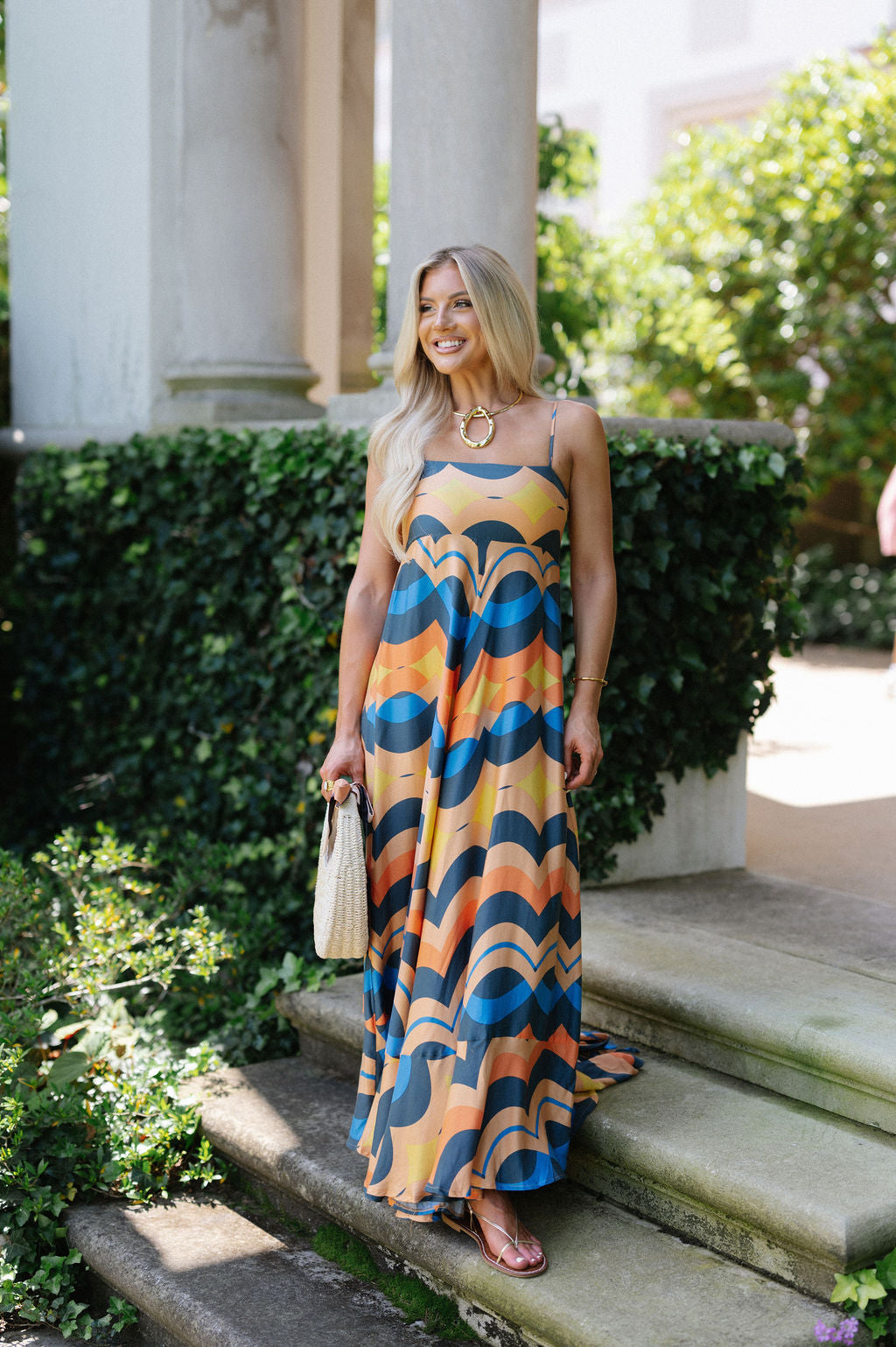 Retro Mix Midi Dress-Orange/Blue