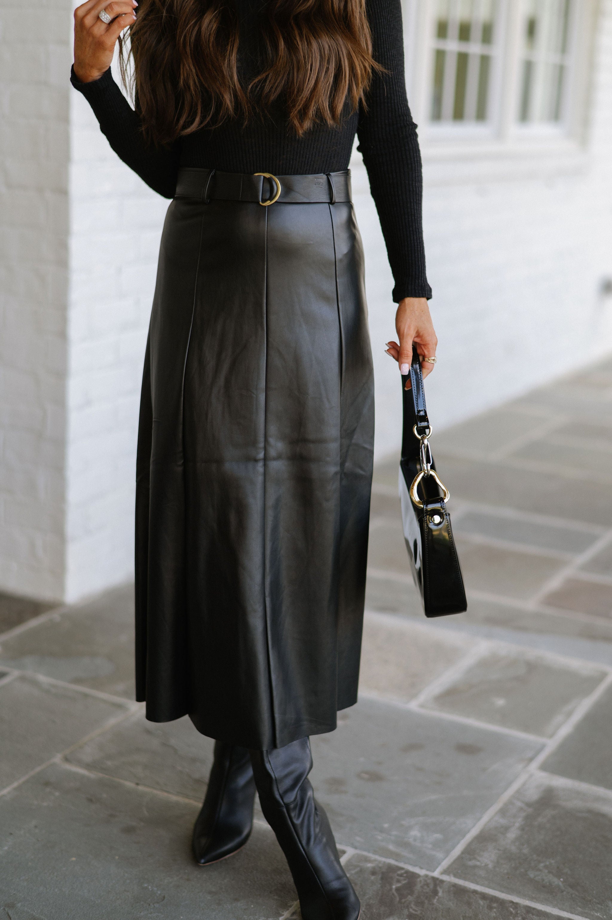 Belted Faux Leather Midi Skirt-Black