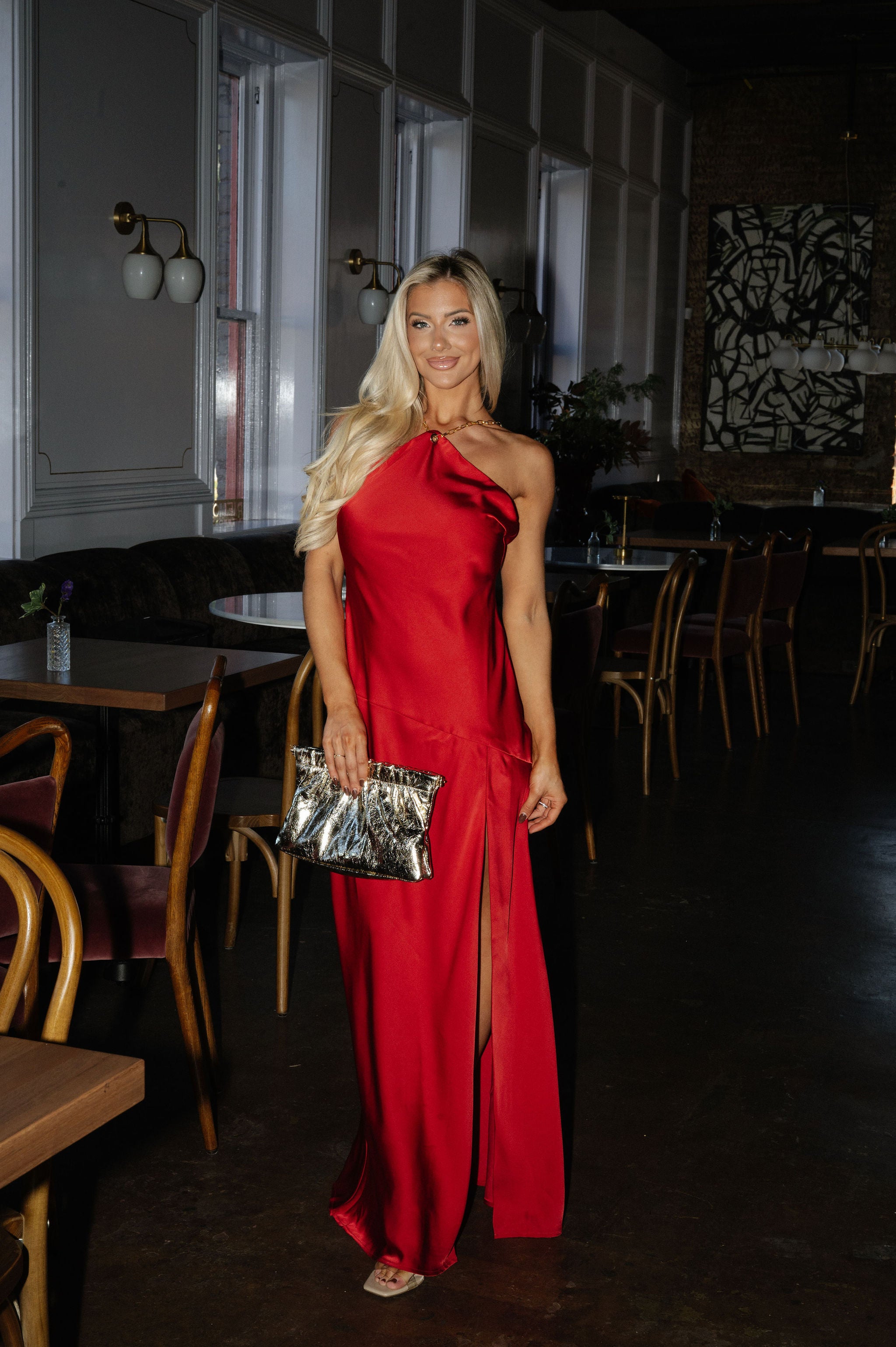 Mia Satin Halter Maxi Dress-Red