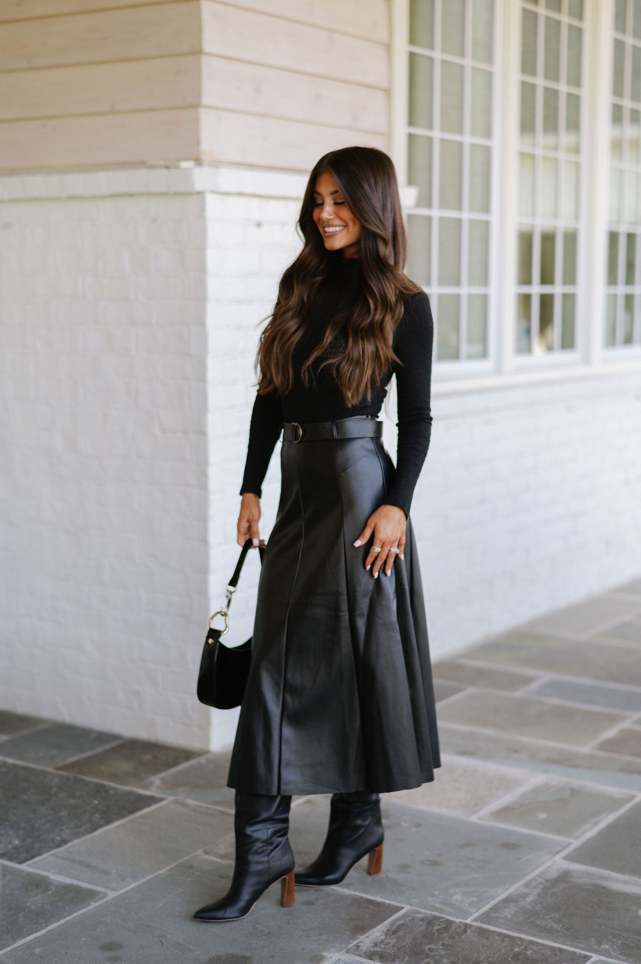 Belted Faux Leather Midi Skirt-Black