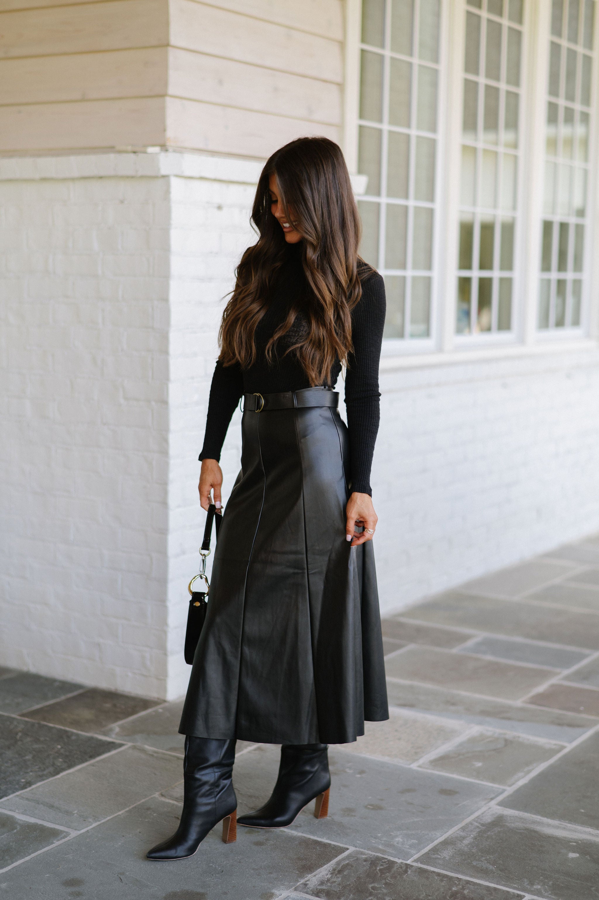 Belted Faux Leather Midi Skirt-Black