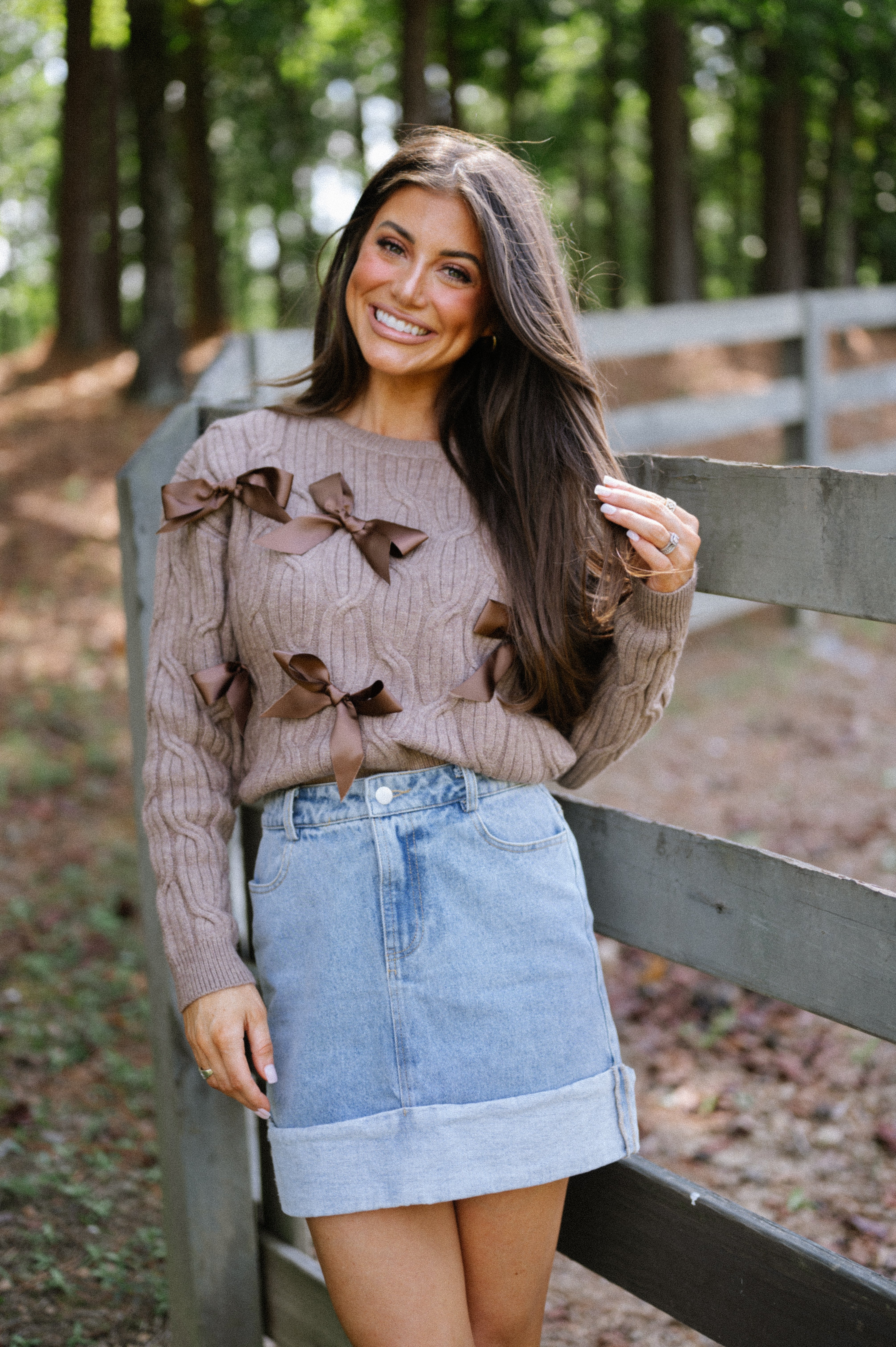 Bow Cable Knit Sweater- Brown