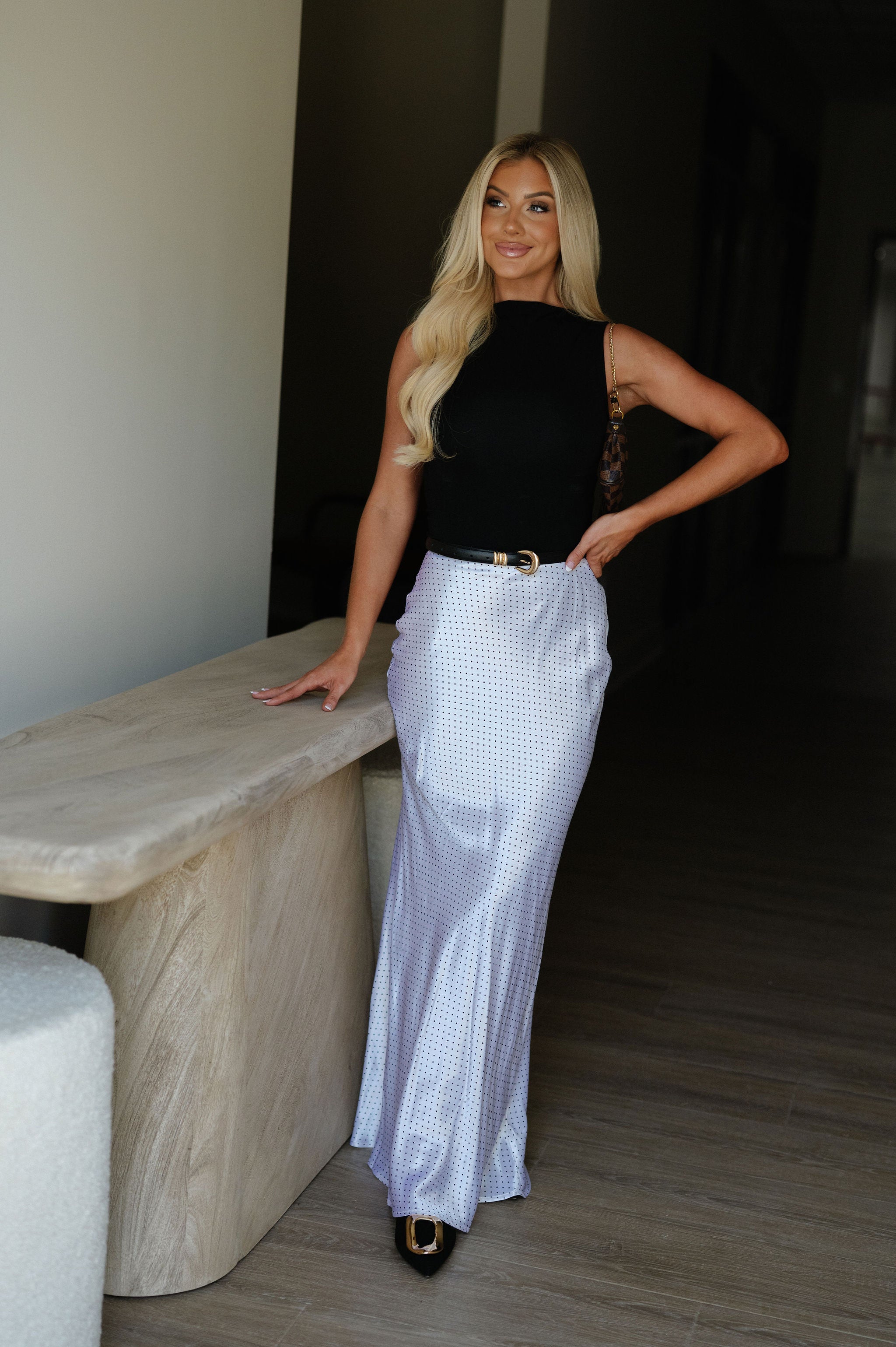 Satin Dotted Maxi Skirt-Ivory/Black