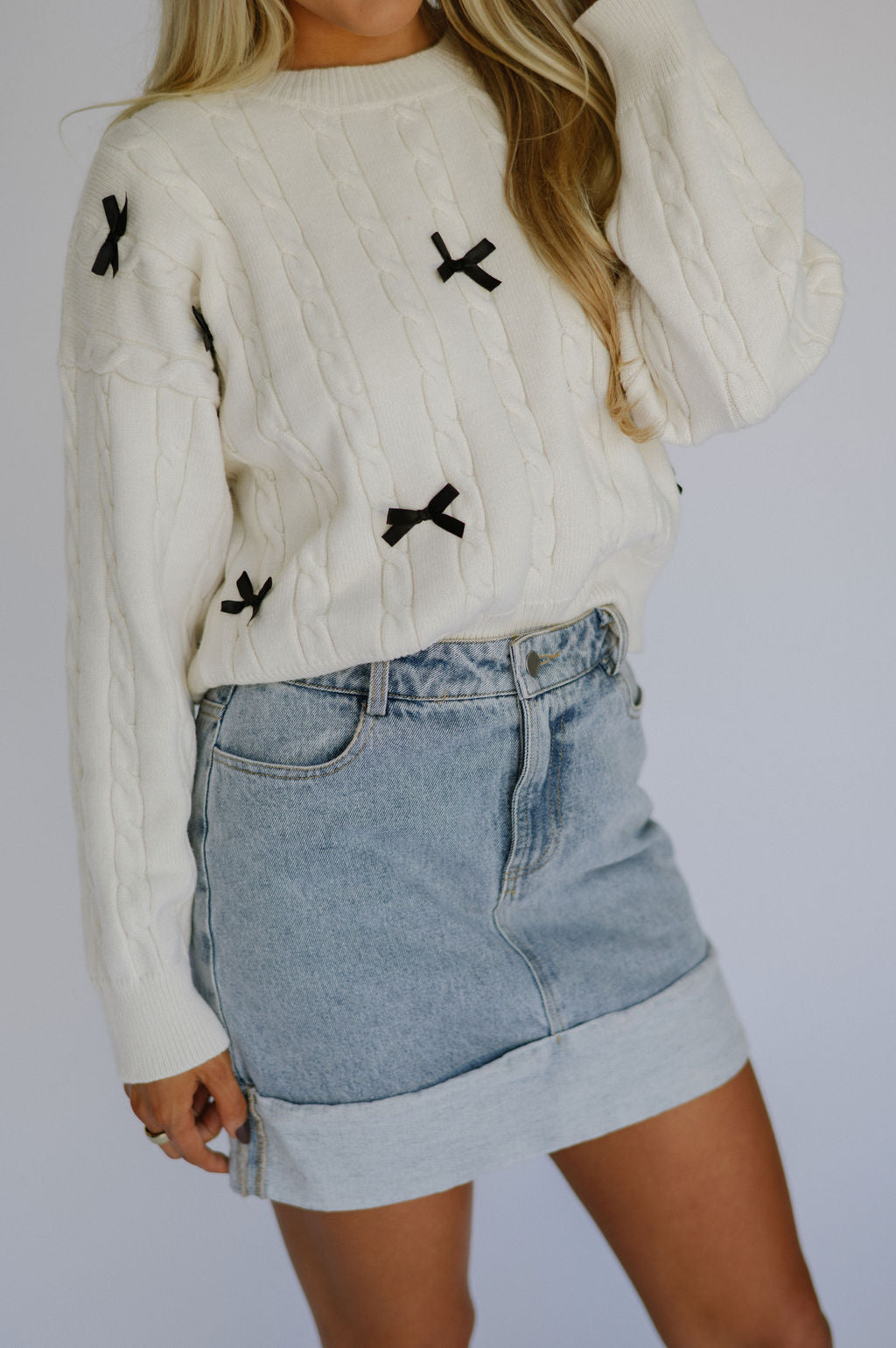 Bow Detail Cable Sweater-Cream