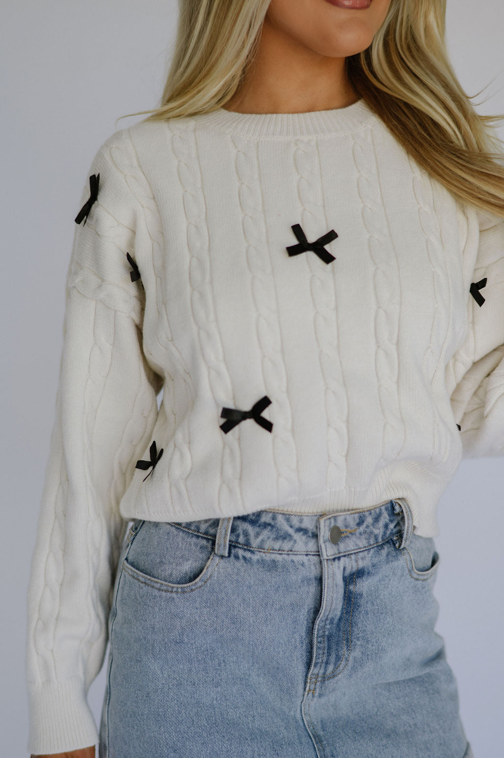 Bow Detail Cable Sweater-Cream