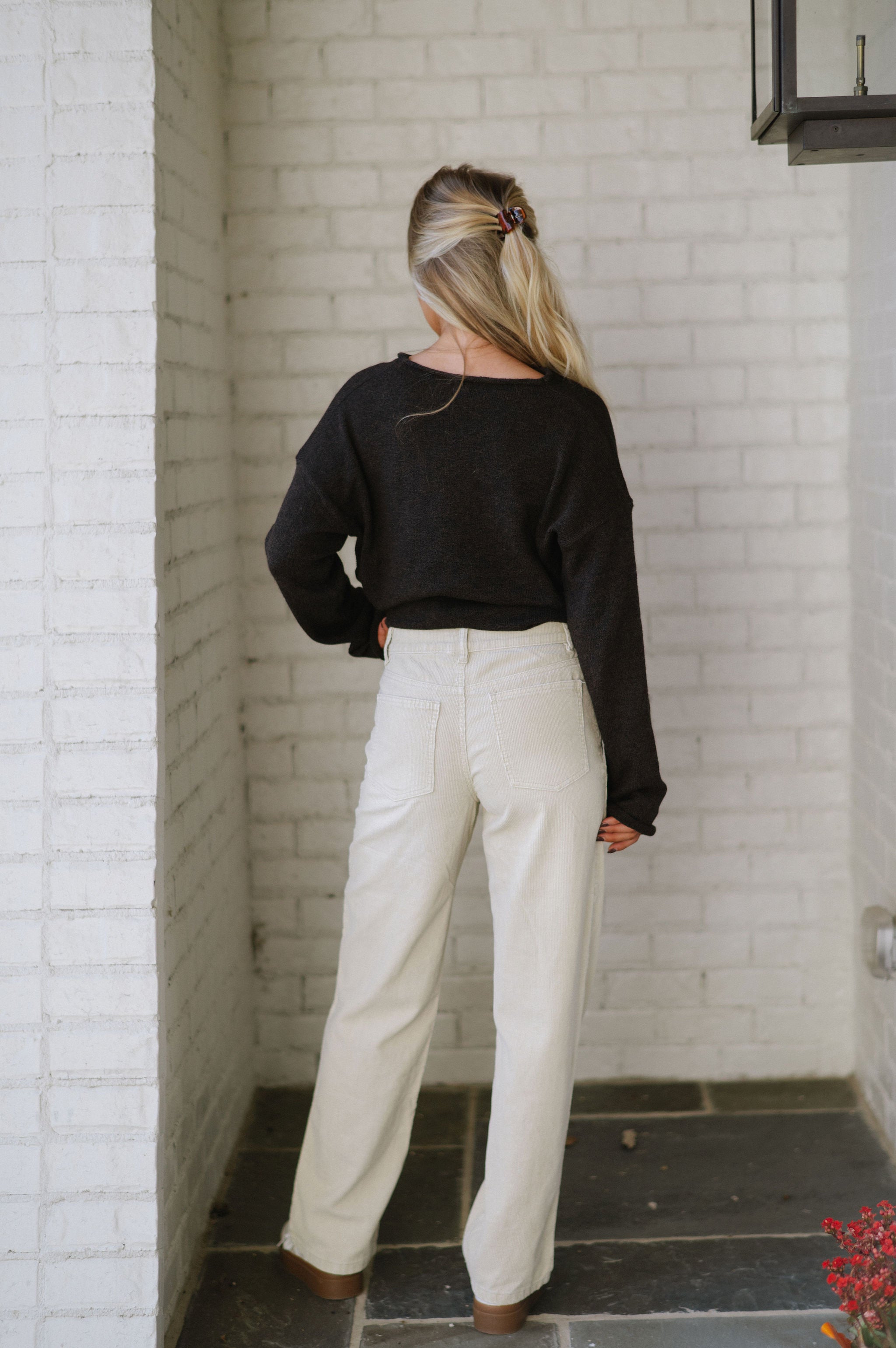 Mid-Rise Corduroy Pants-Ecru