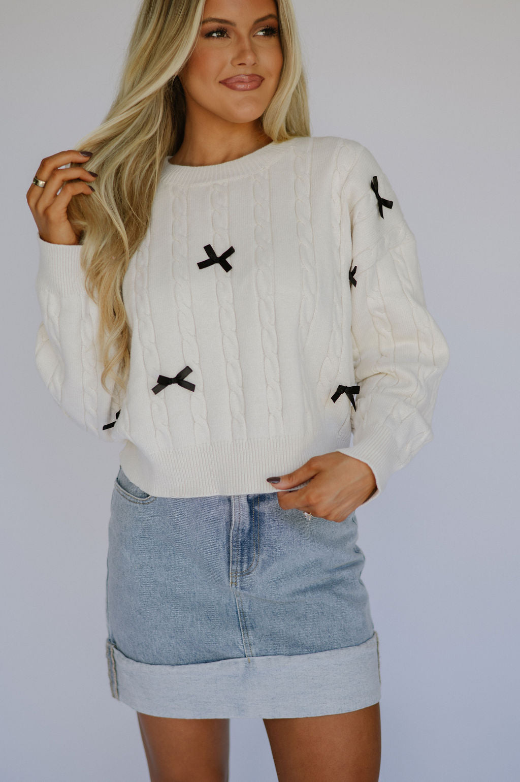 Bow Detail Cable Sweater-Cream