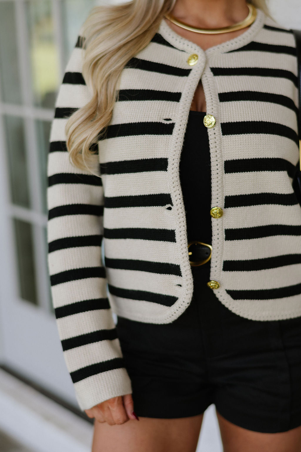 Button Down Stripe Cardigan-Taupe/Black