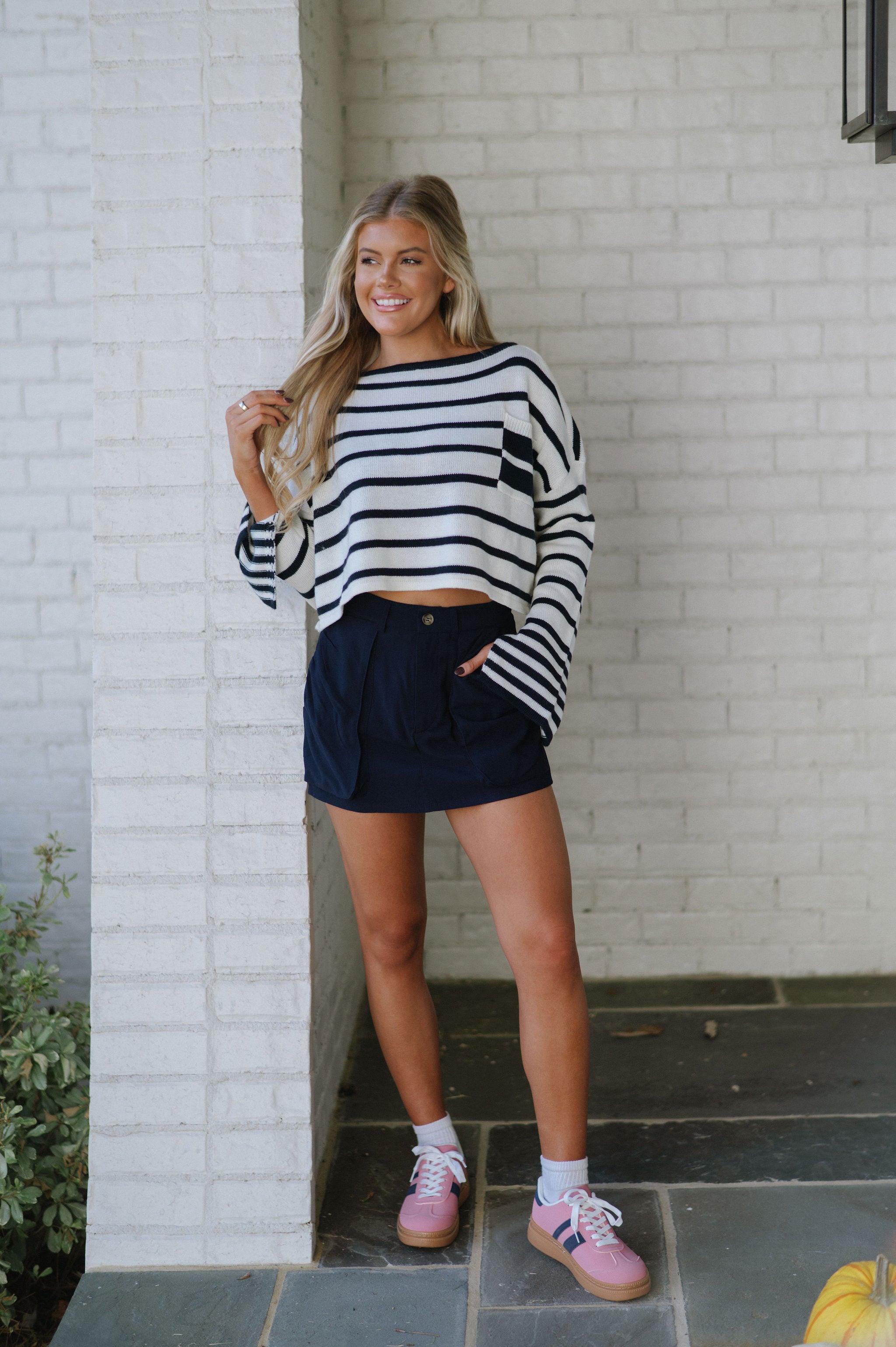 Shirring Pocket Mini Skirt-Navy