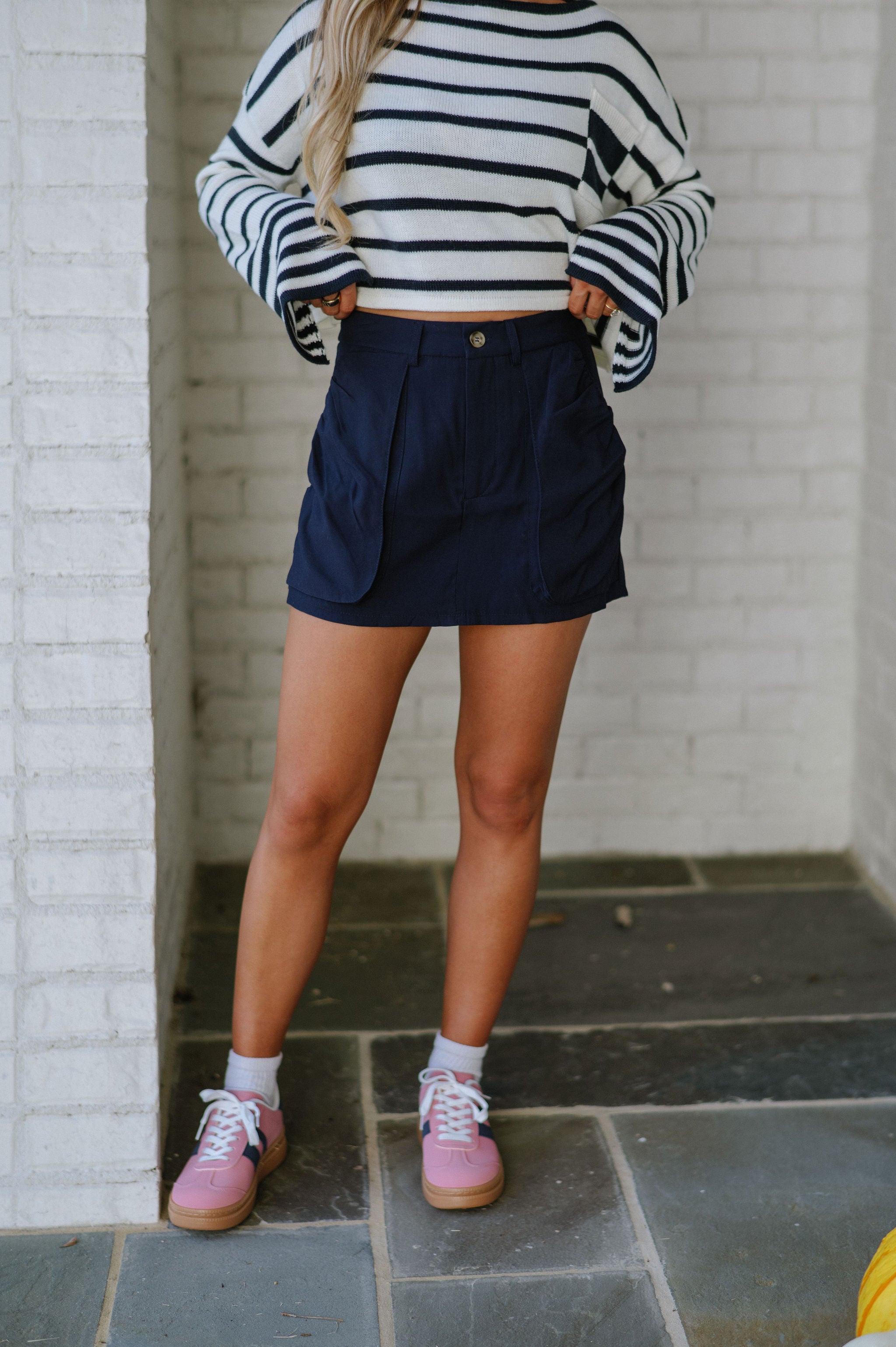 Shirring Pocket Mini Skirt-Navy