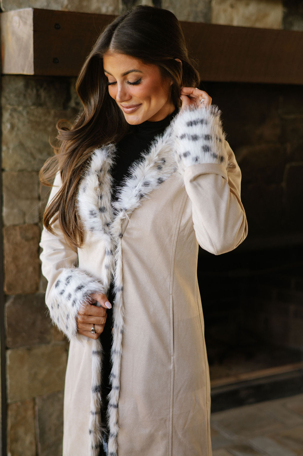 Leopard Fur Trim Suede Coat-Bone