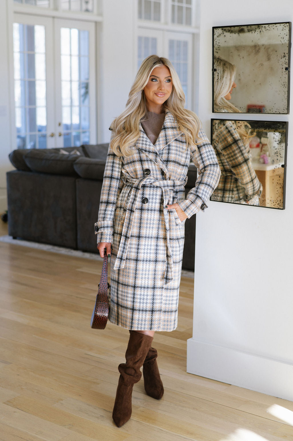 Plaid Wool Trench Coat- Khaki Multi