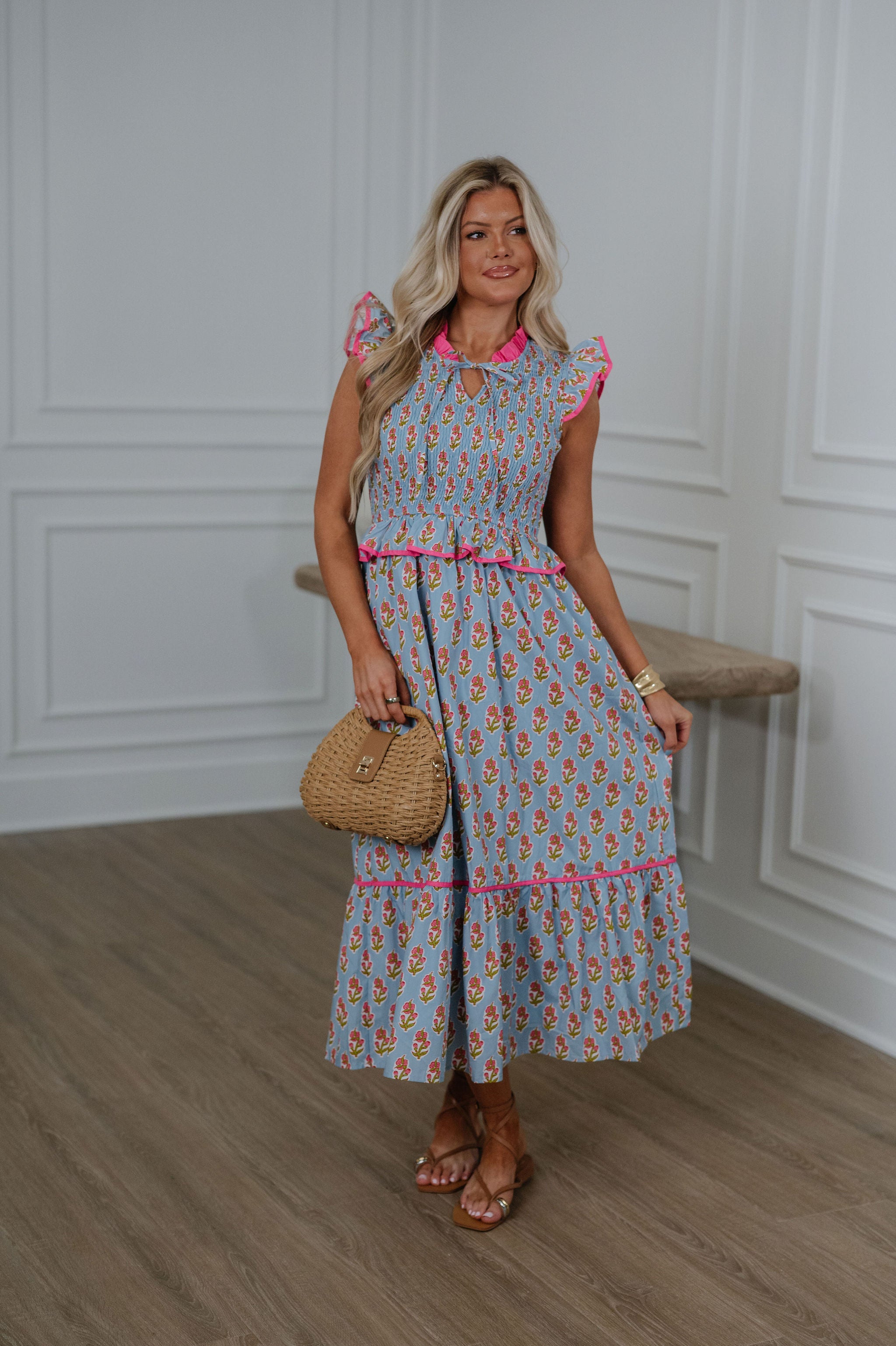 Floral Smocked Peplum Tiered Midi Dress-Blue Floral Smocked Peplum Tiered Midi Dress-Blue