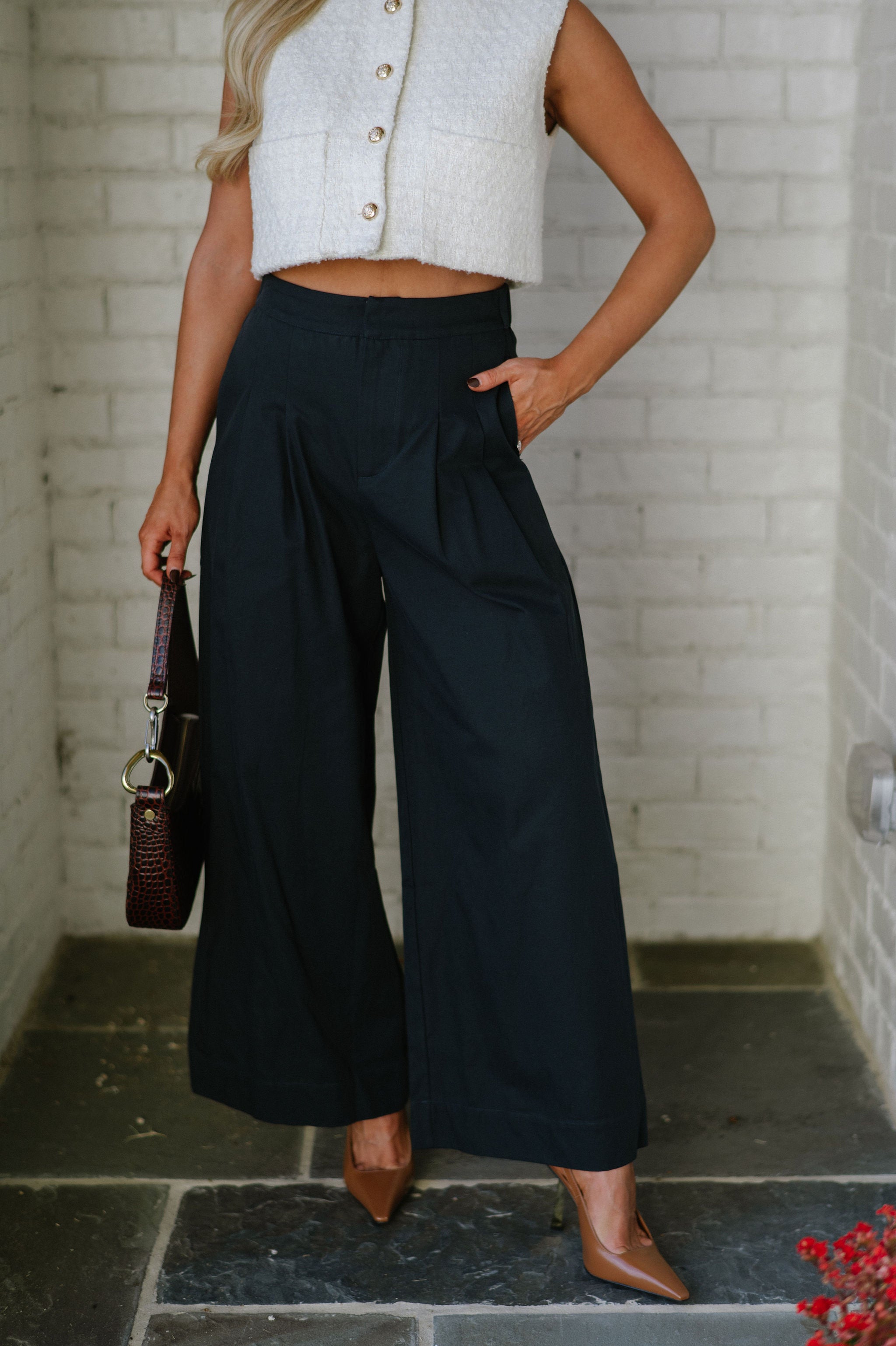 Pleated Wide Leg Pants-Navy