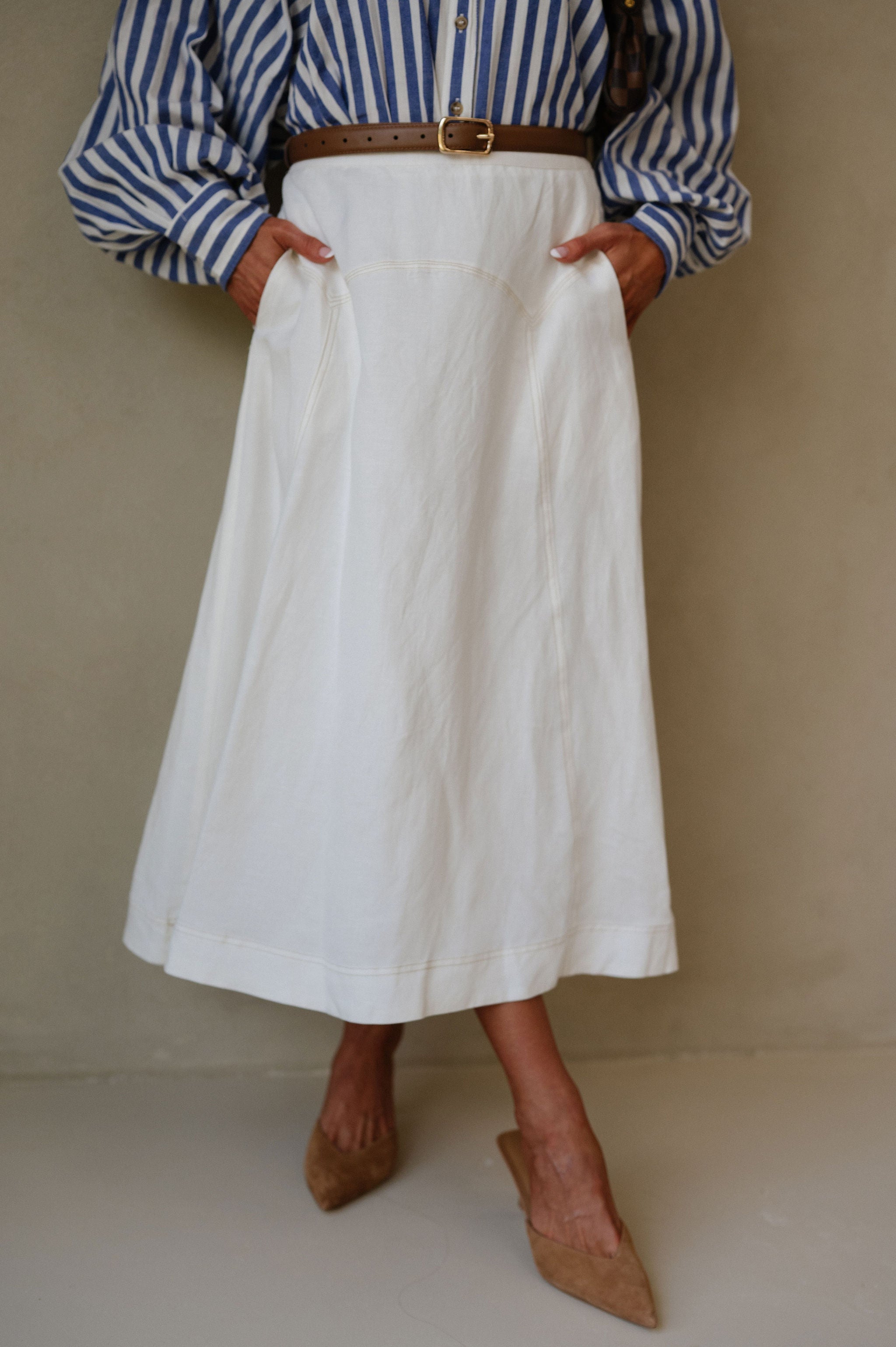 Stitch Accented Midi Skirt-Off White