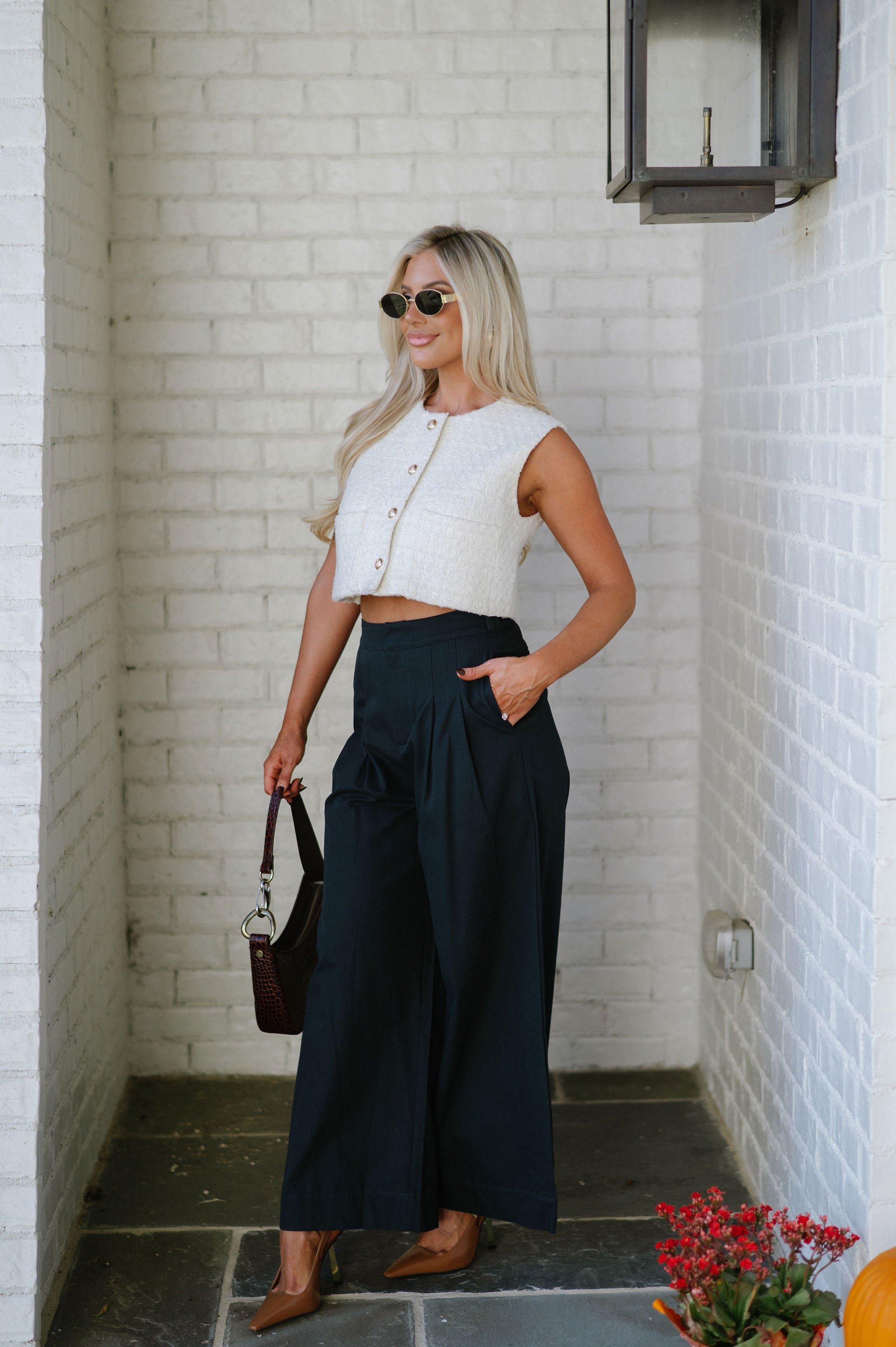 Pleated Wide Leg Pants-Navy