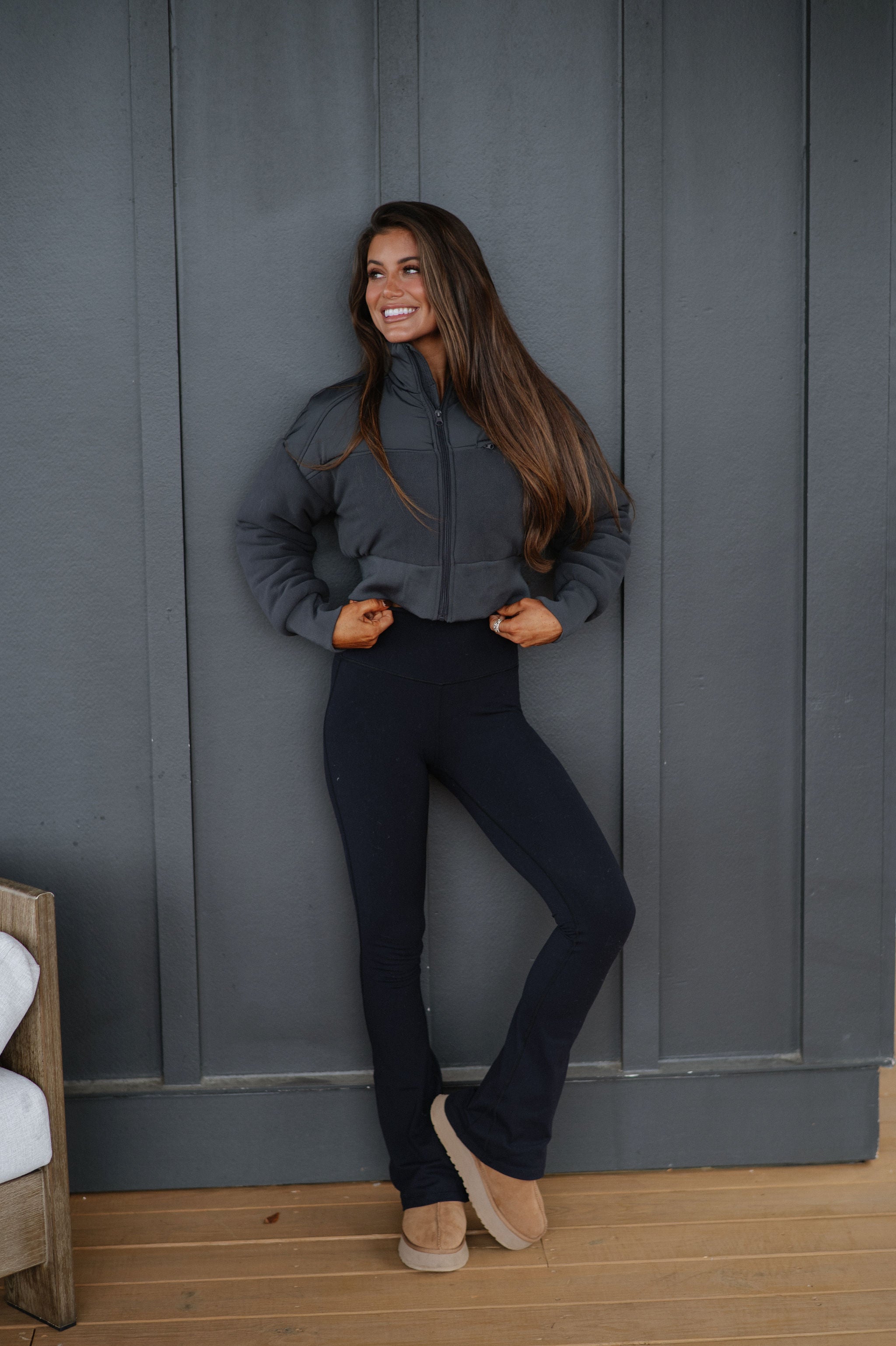 Fleece Cropped Jacket-Charcoal